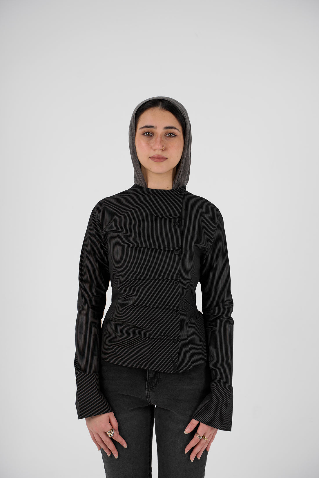 Plaid blouse with side buttons - black