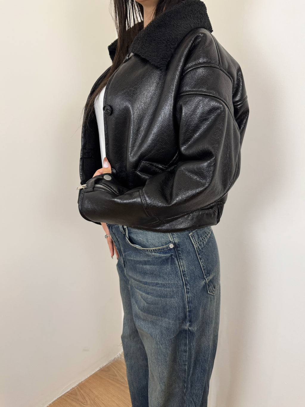 Cropped leather X teddy jacket