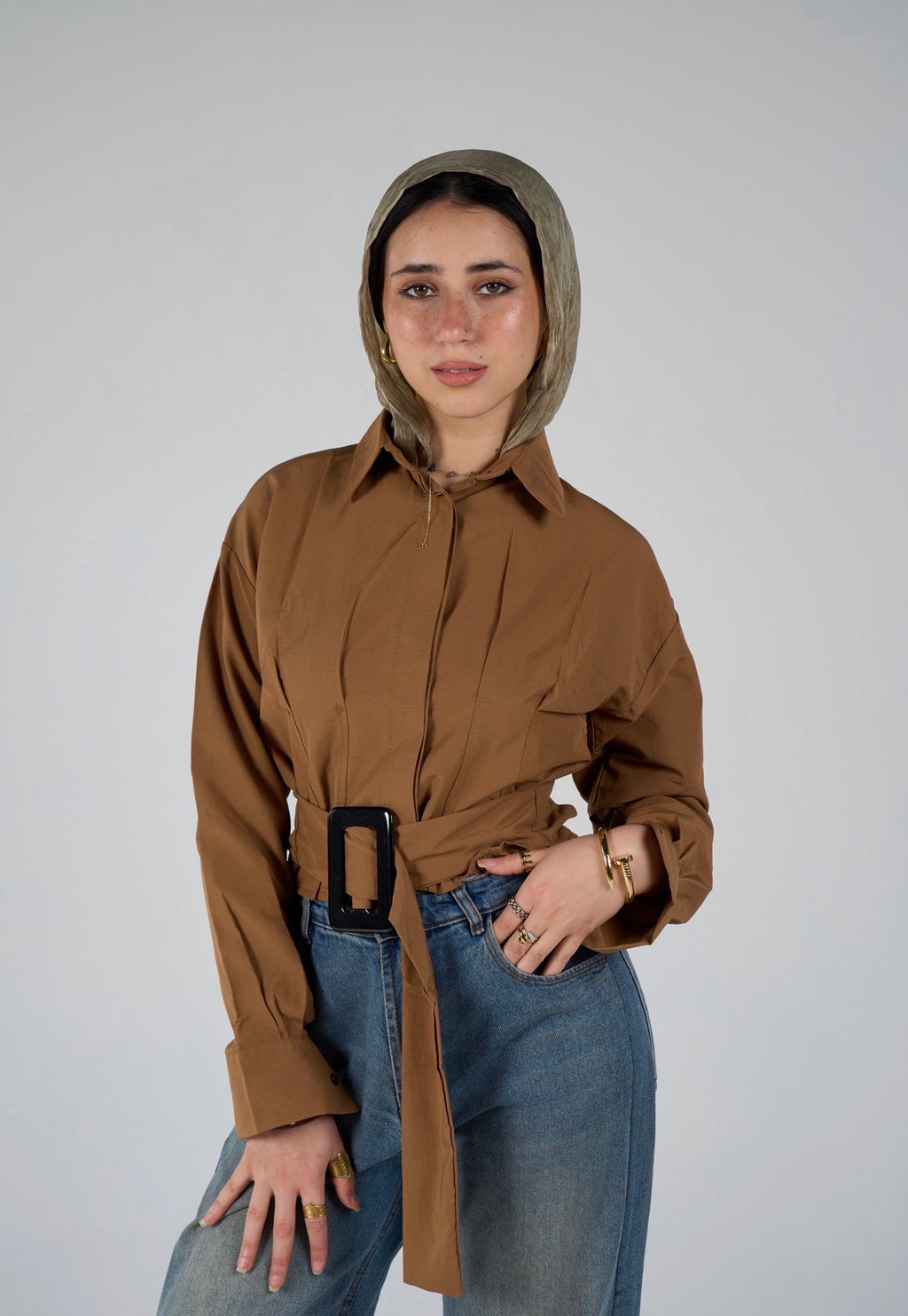 Shirt with belt - brown