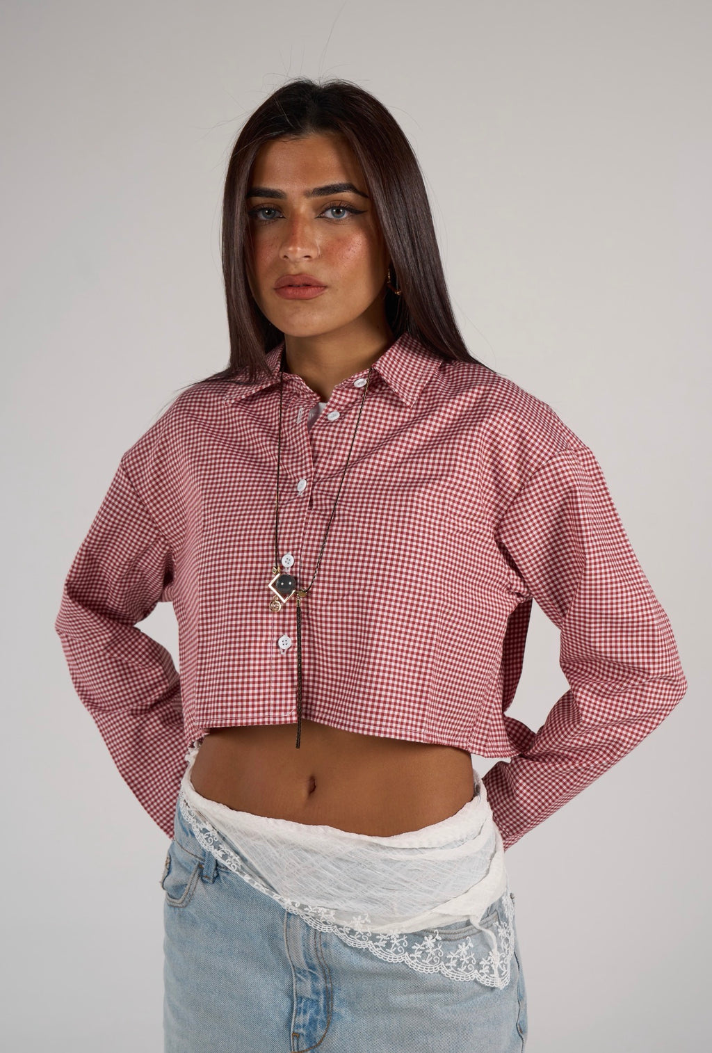 Plaid cropped shirt - red