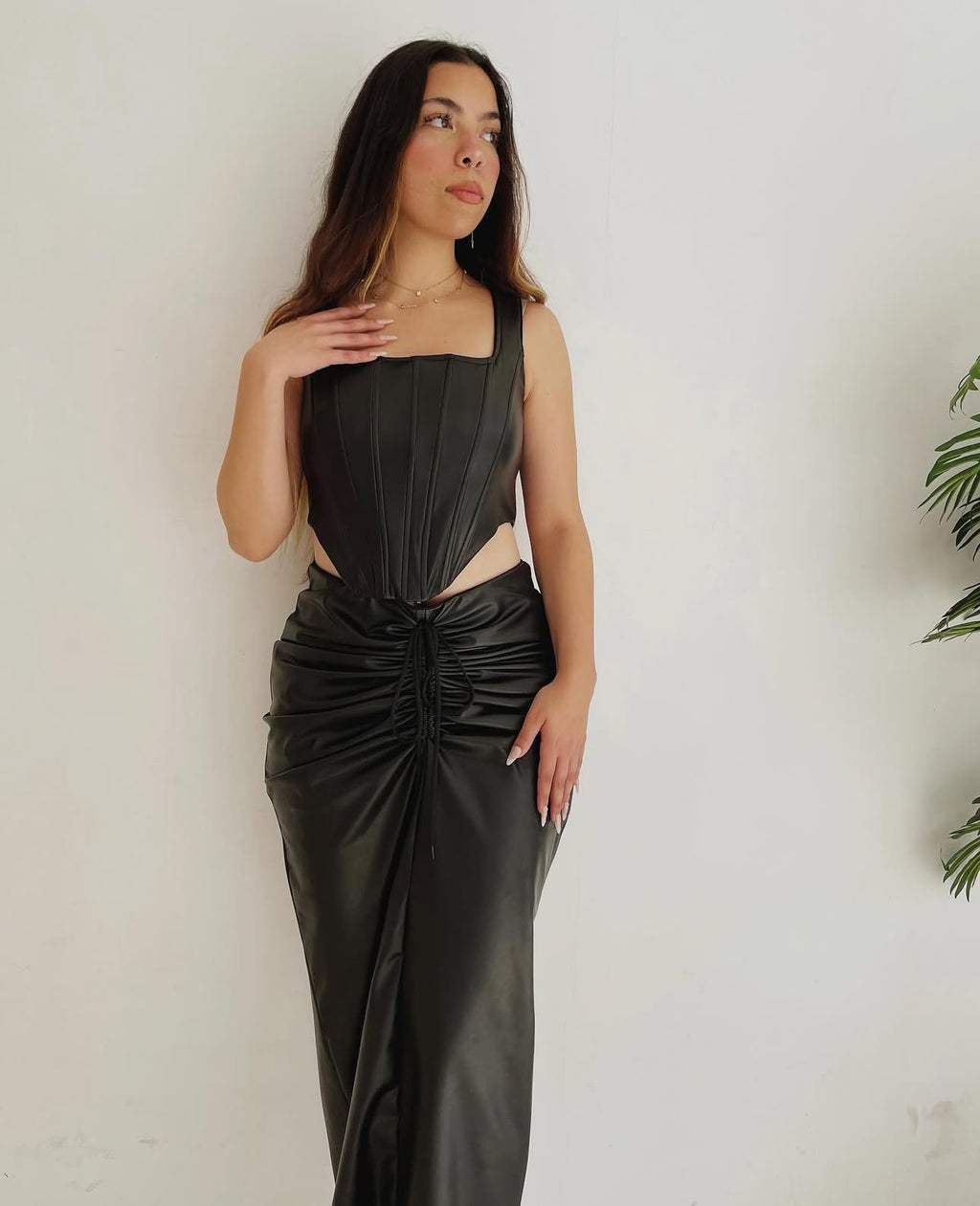 Ruched leather skirt