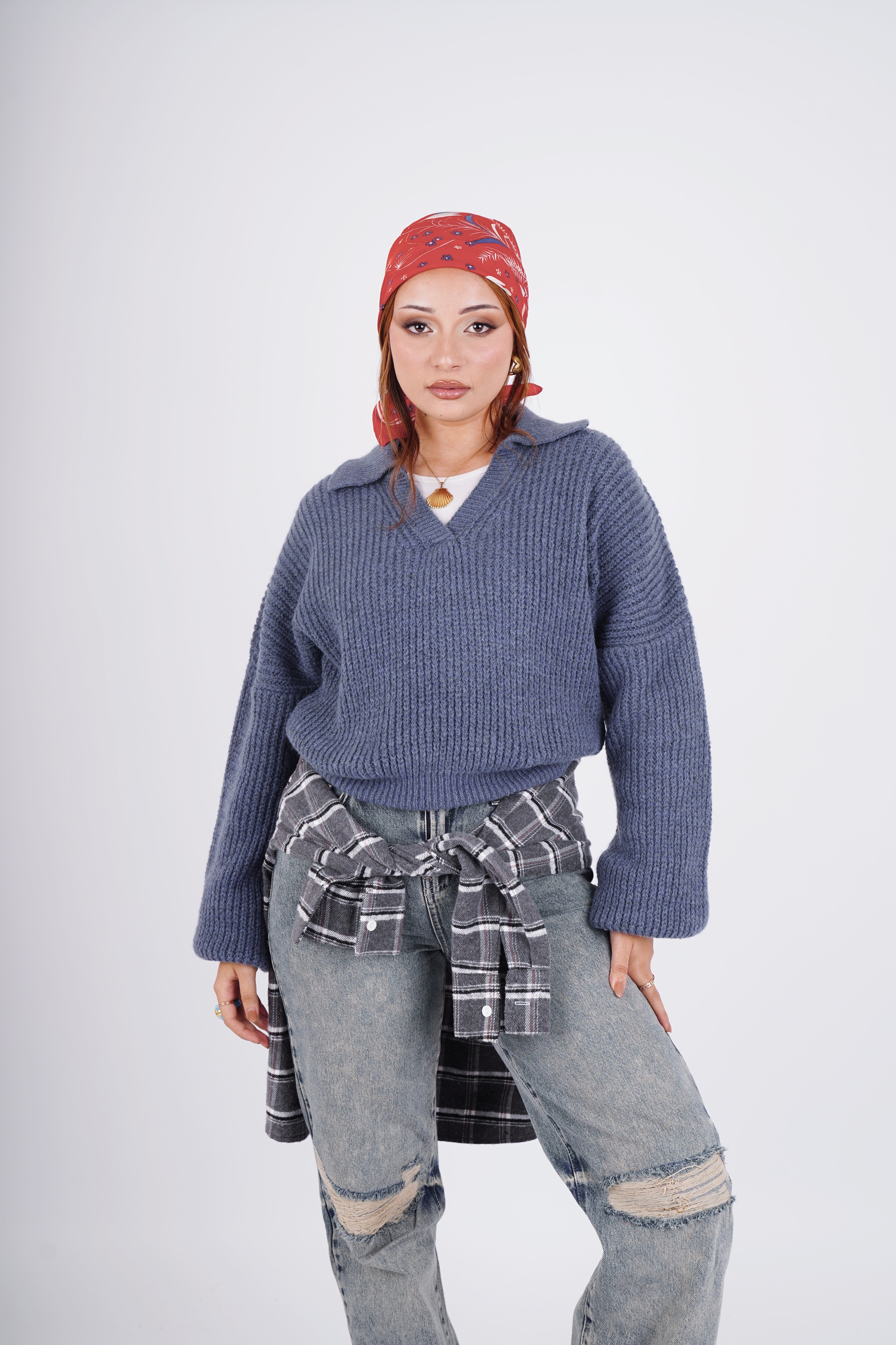 Fluffy collar knit - dusty blue