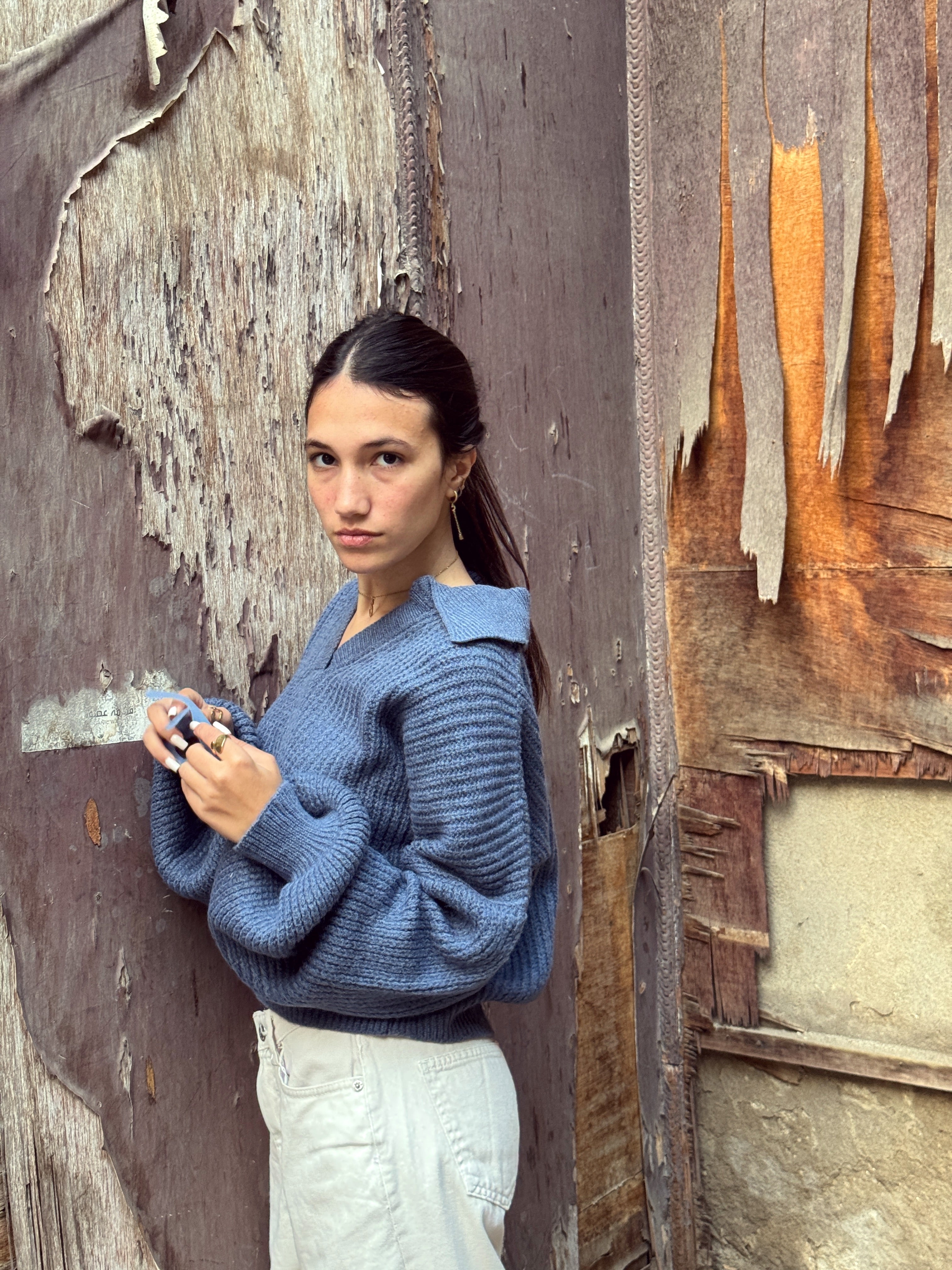 Fluffy collar knit - dusty blue