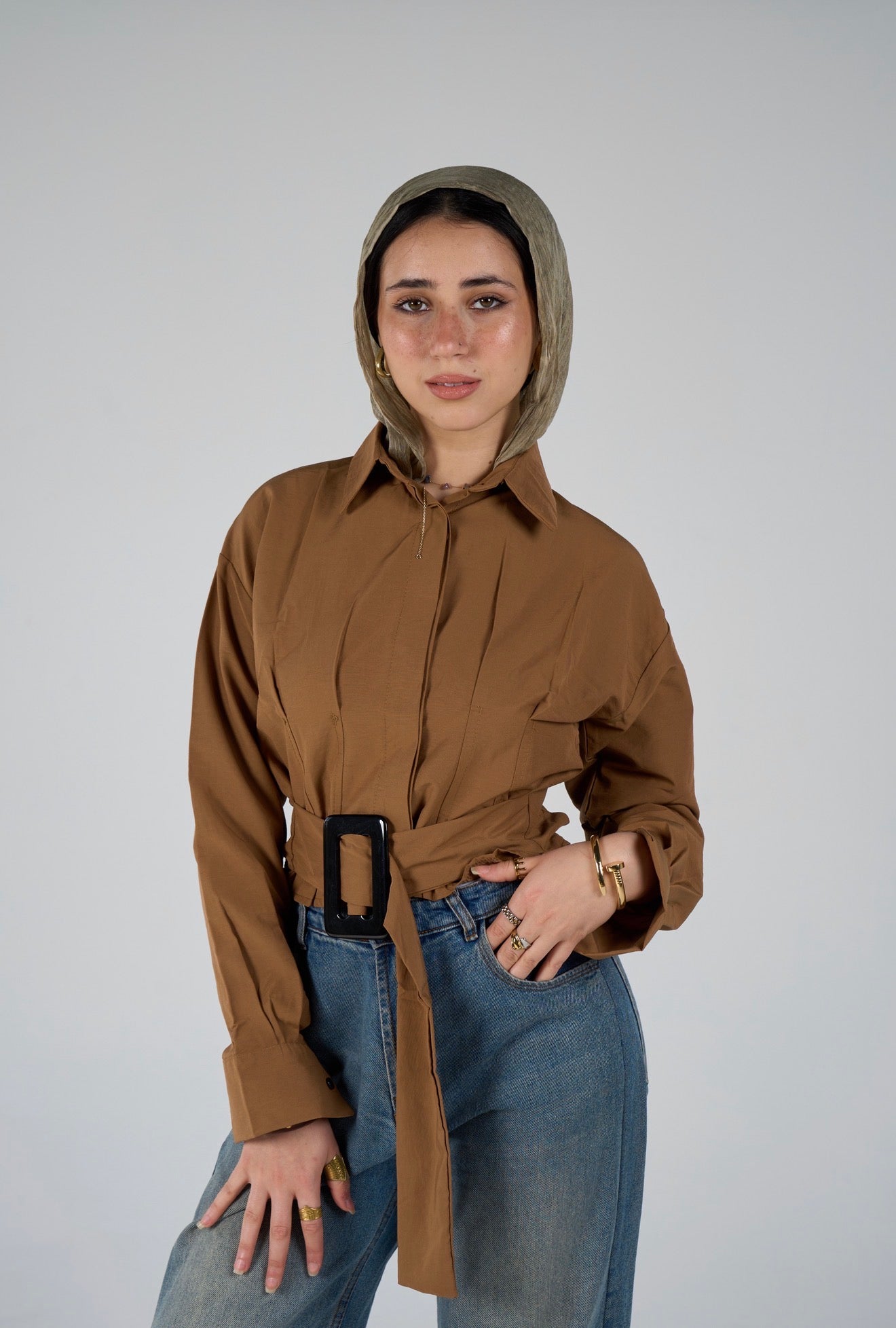 Shirt with belt - brown