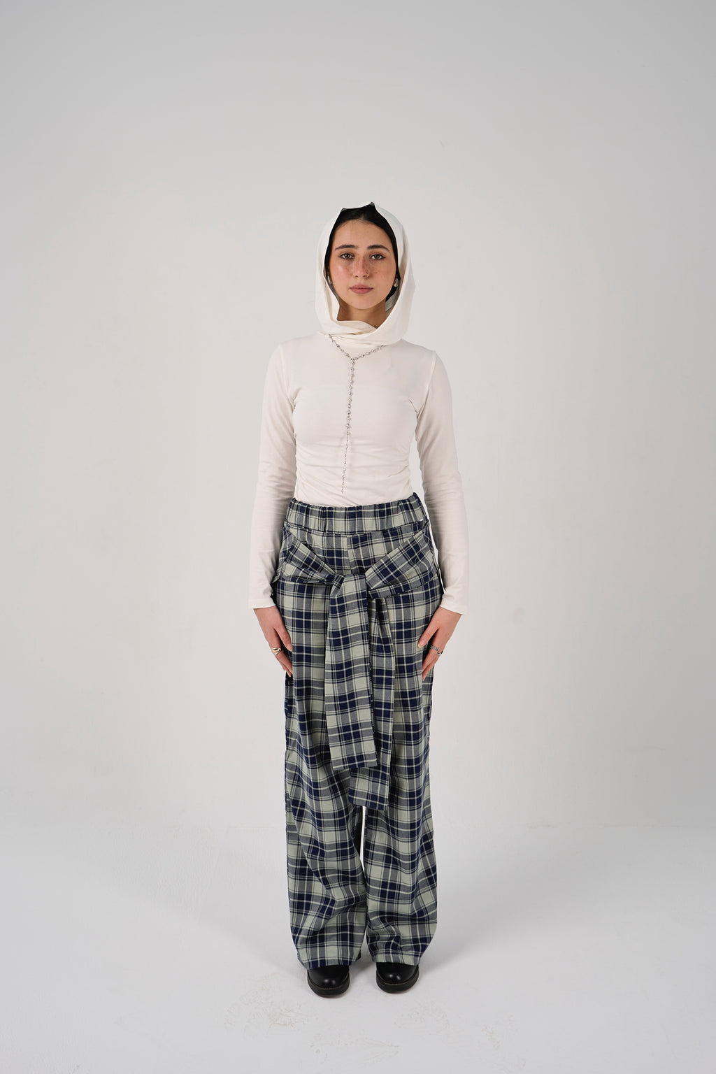 Plaid tie-waist pants - mint green