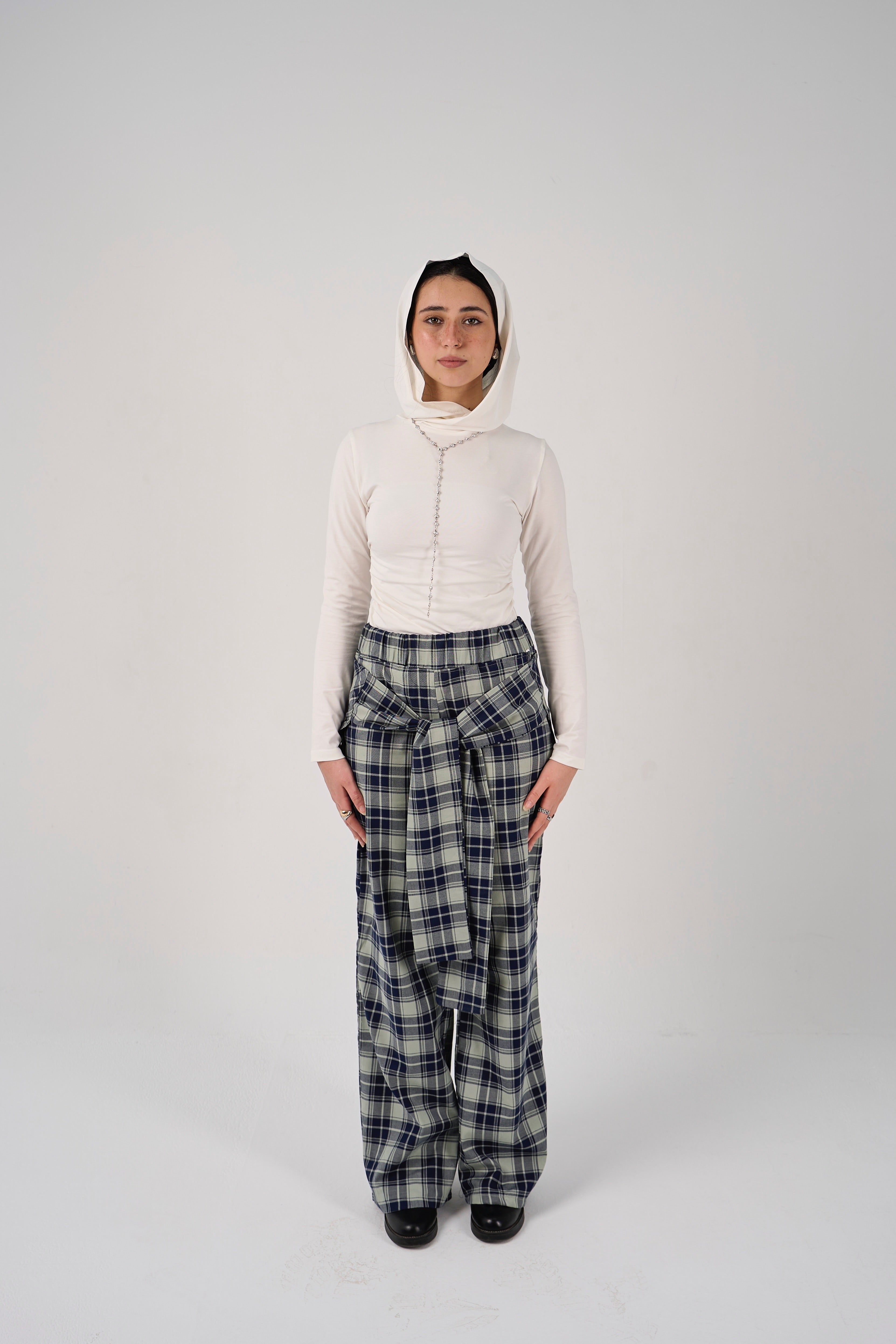 Plaid tie-waist pants - mint green