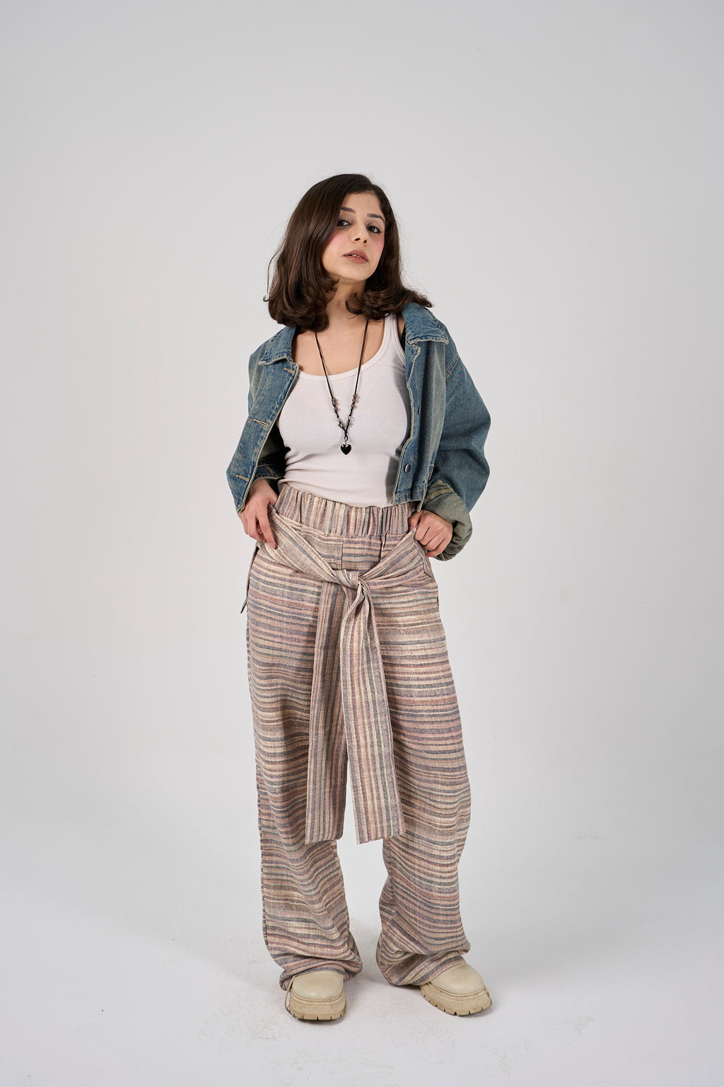 Plaid tie-waist pants - beige