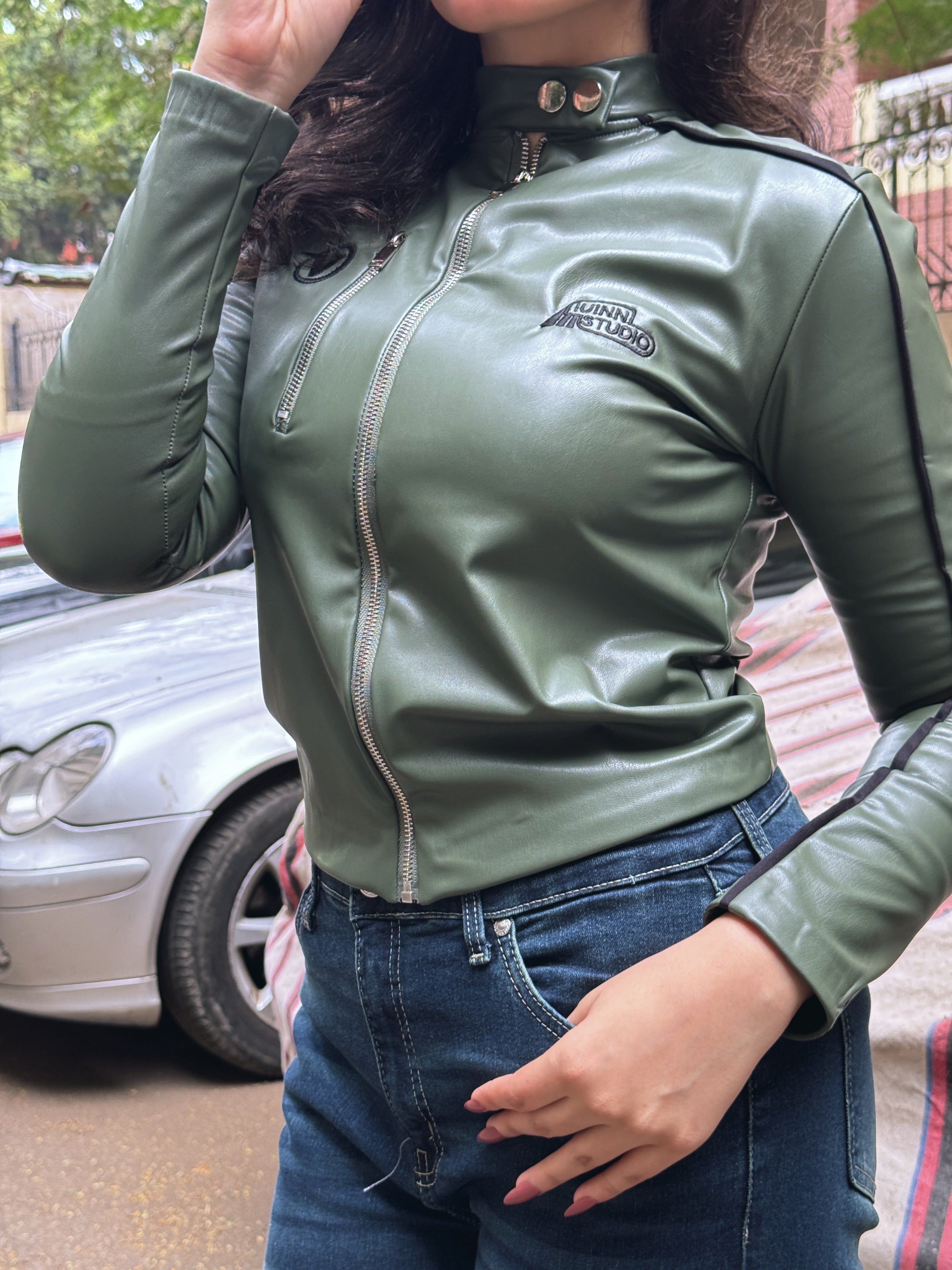 Racing leather jacket - olive