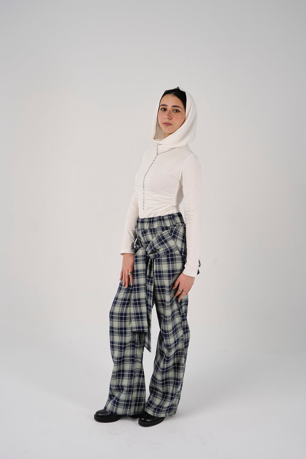 Plaid tie-waist pants - mint green