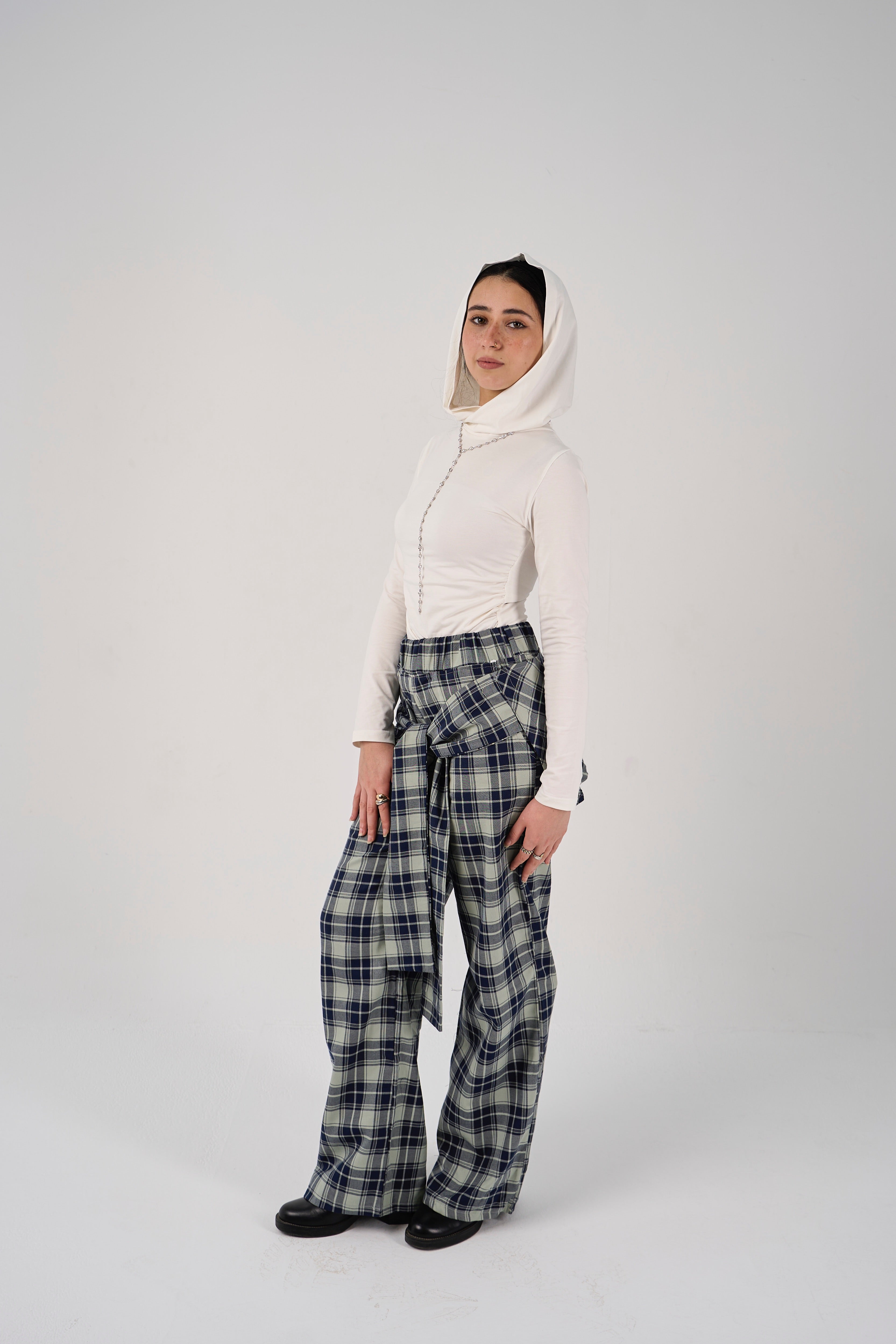 Plaid tie-waist pants - mint green