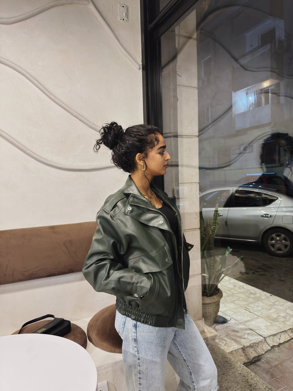 Long neck leather jacket - olive