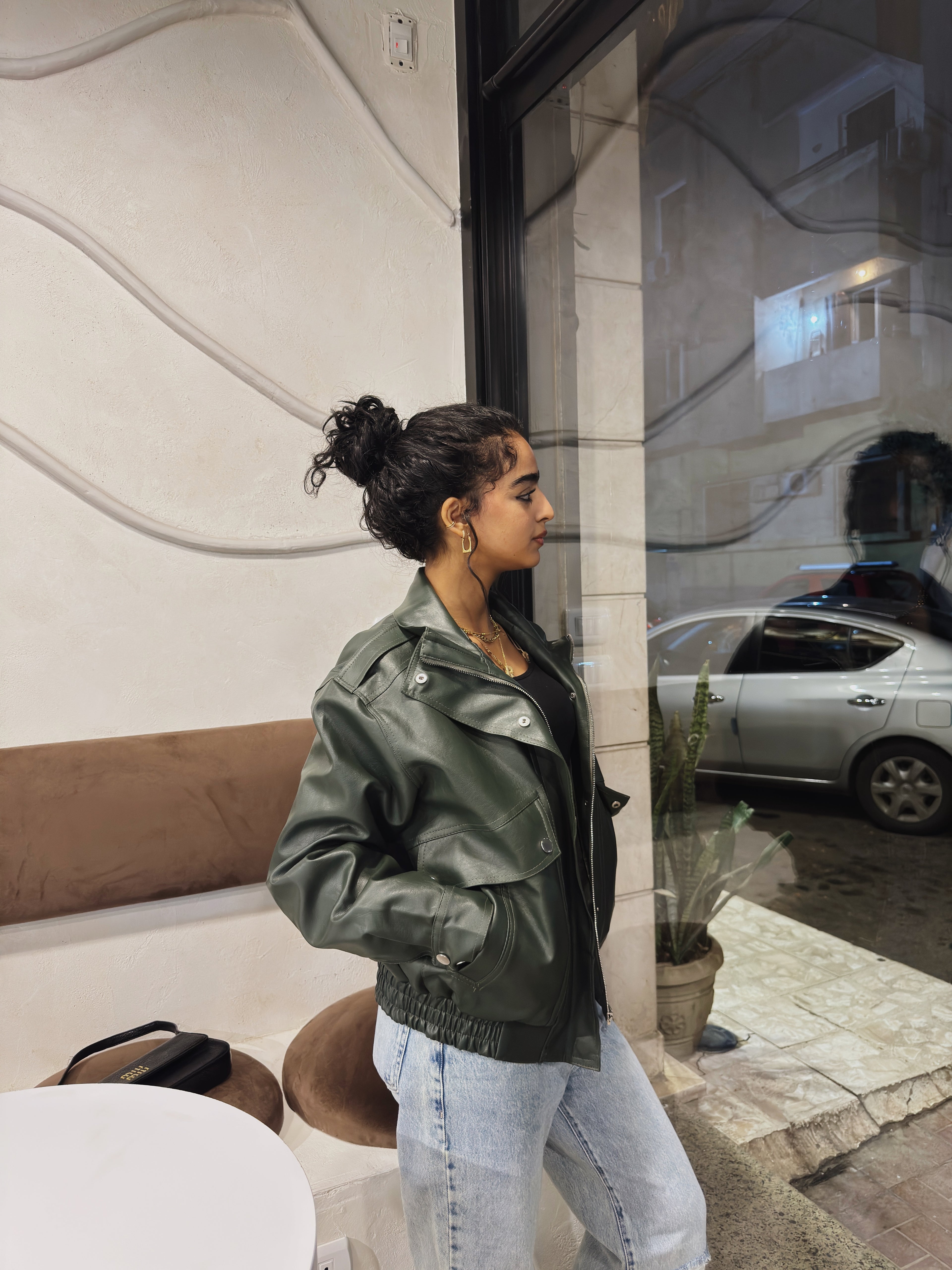 Long neck leather jacket - olive