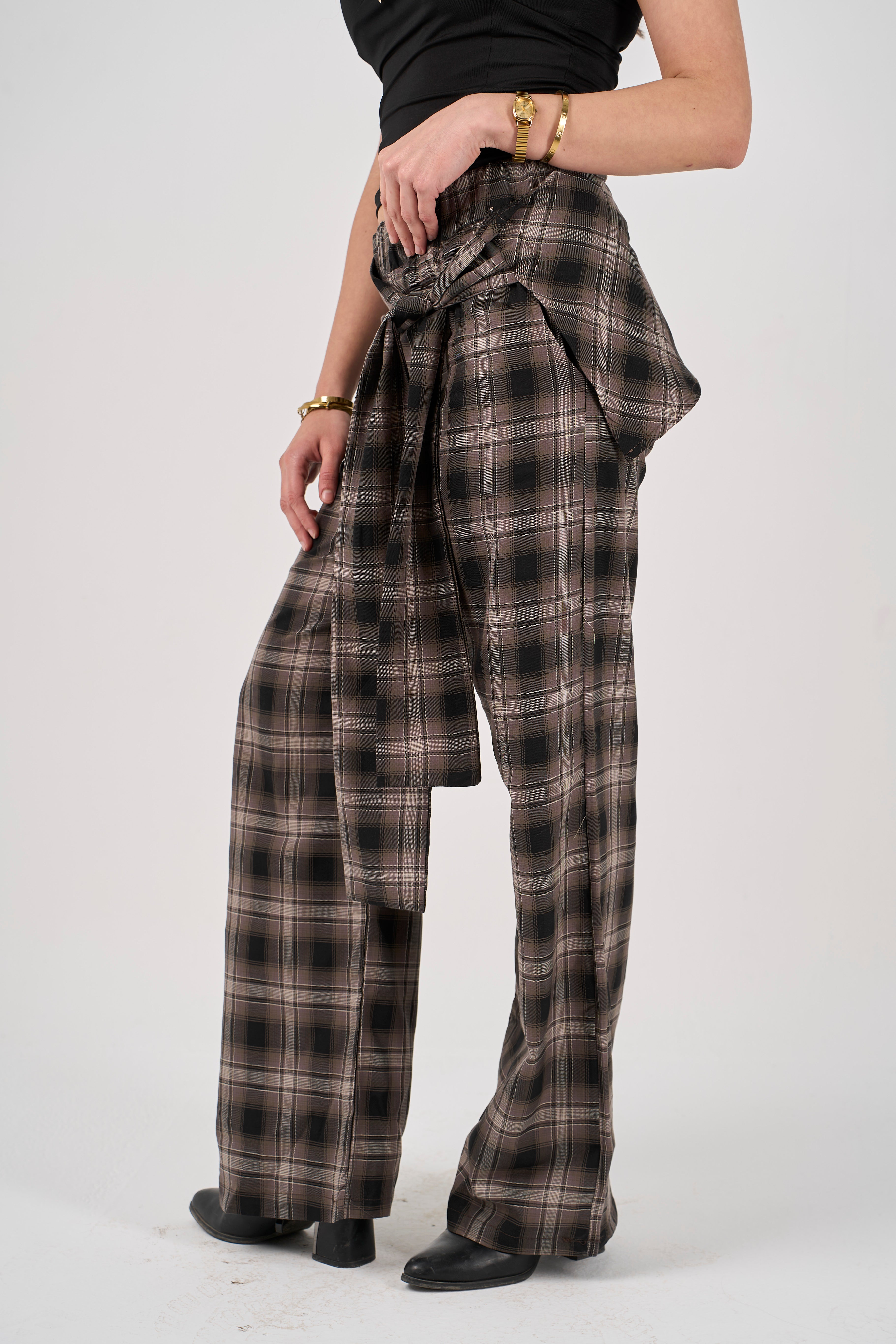 Plaid tie-waist pants - brown