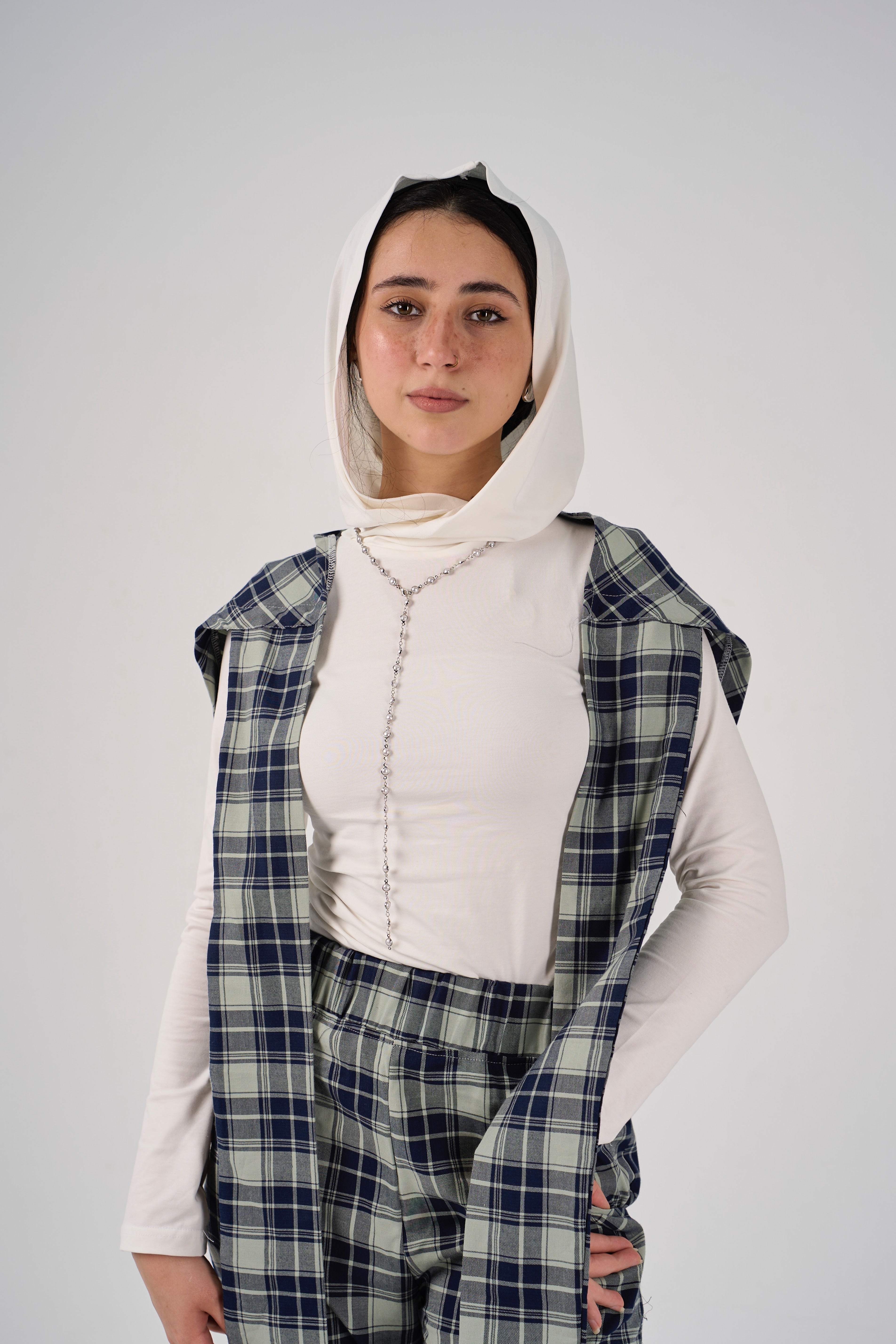 Plaid tie-waist pants - mint green