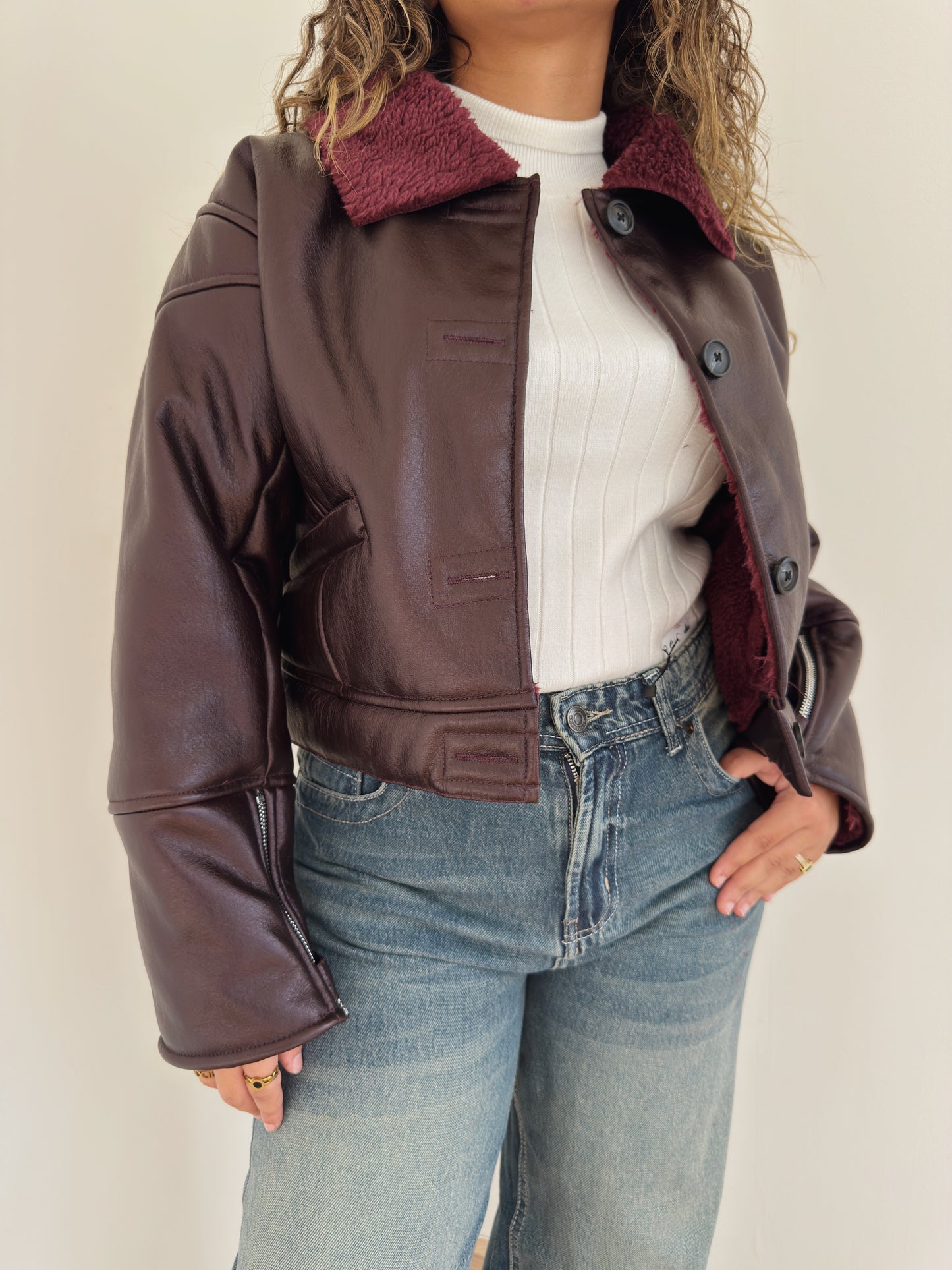 Cropped leather X teddy jacket