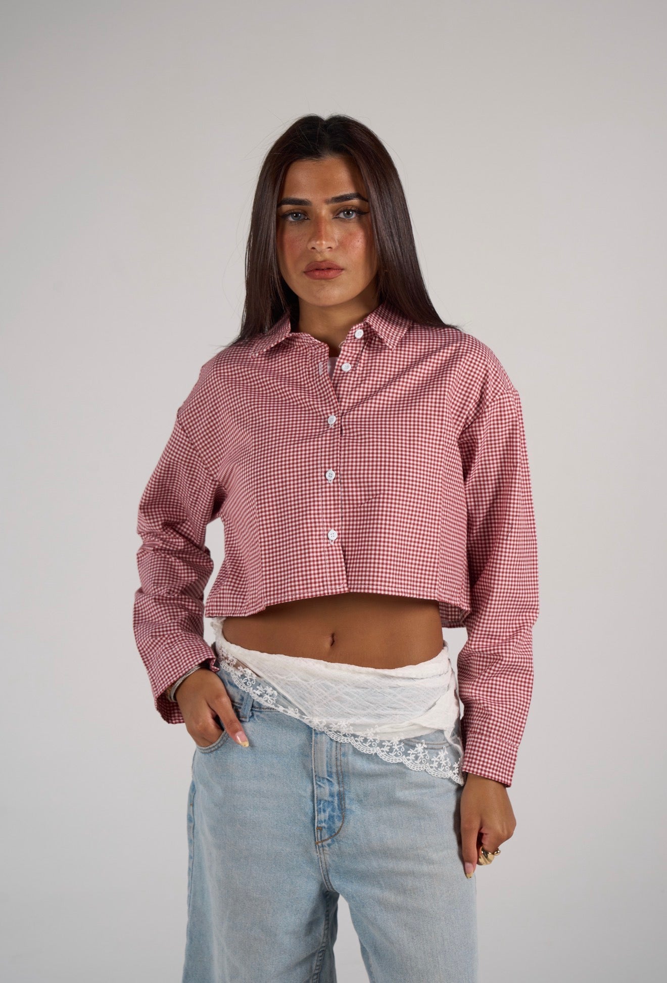 Plaid cropped shirt - red