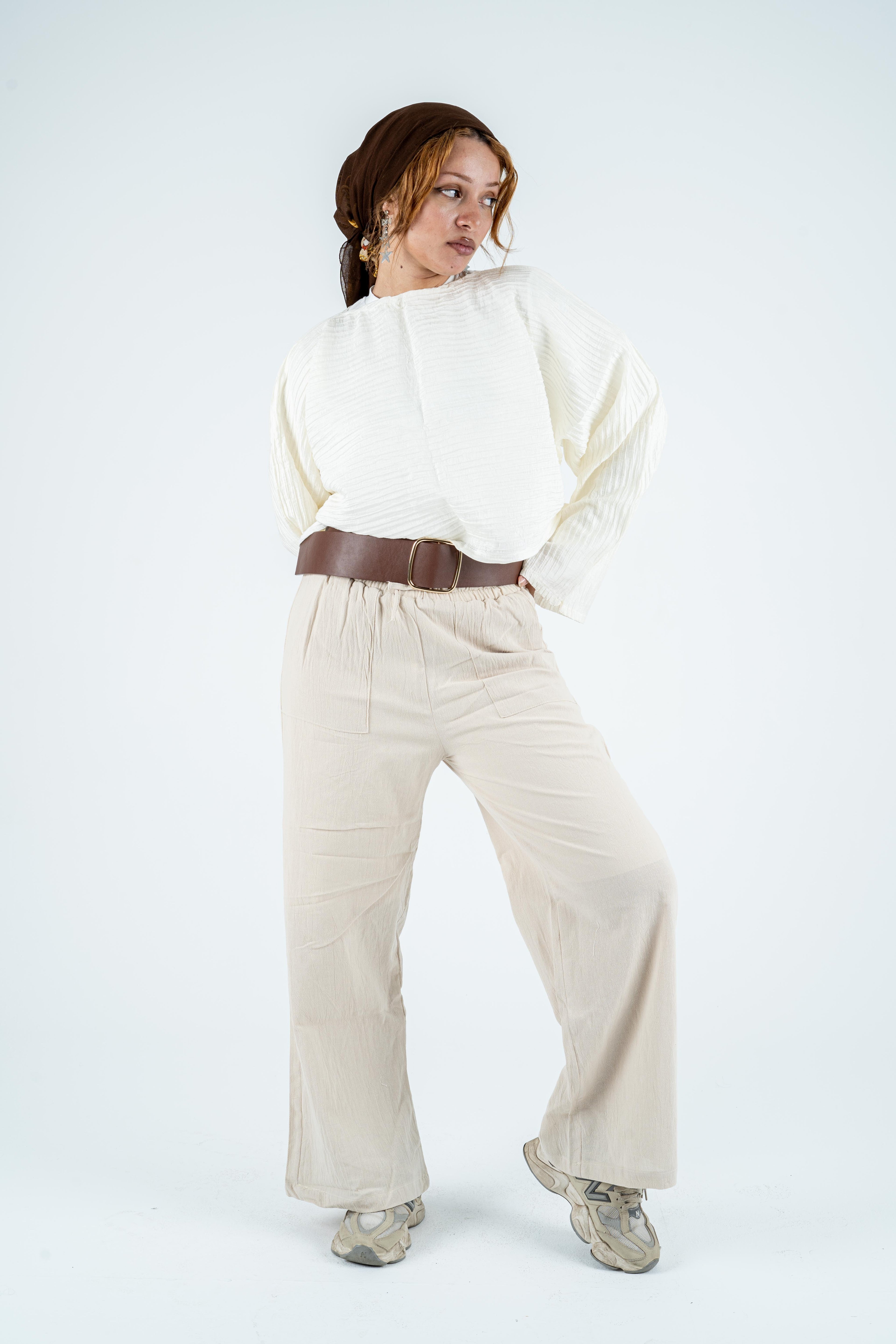 Beige linen wide leg pants