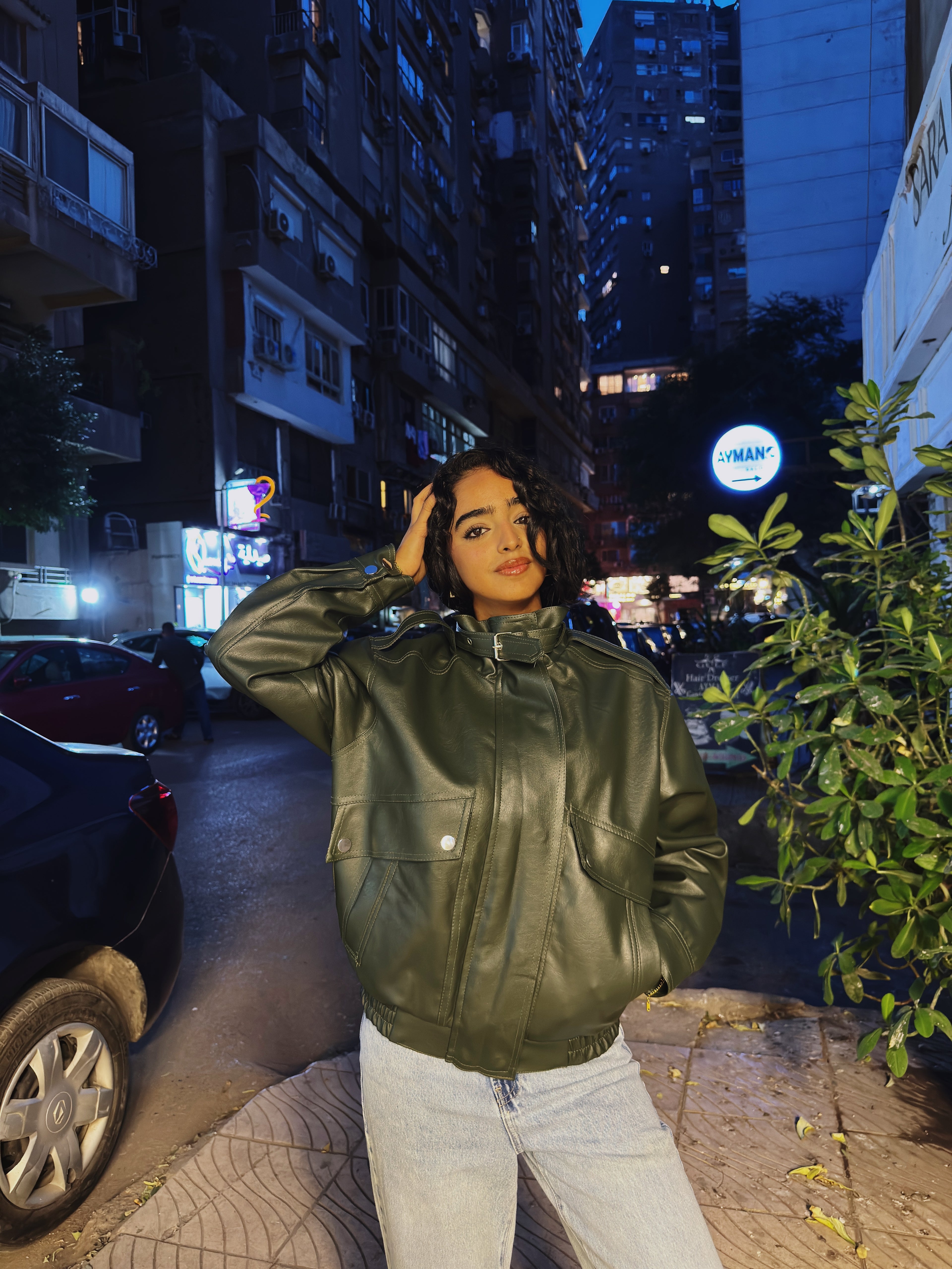 Long neck leather jacket - olive