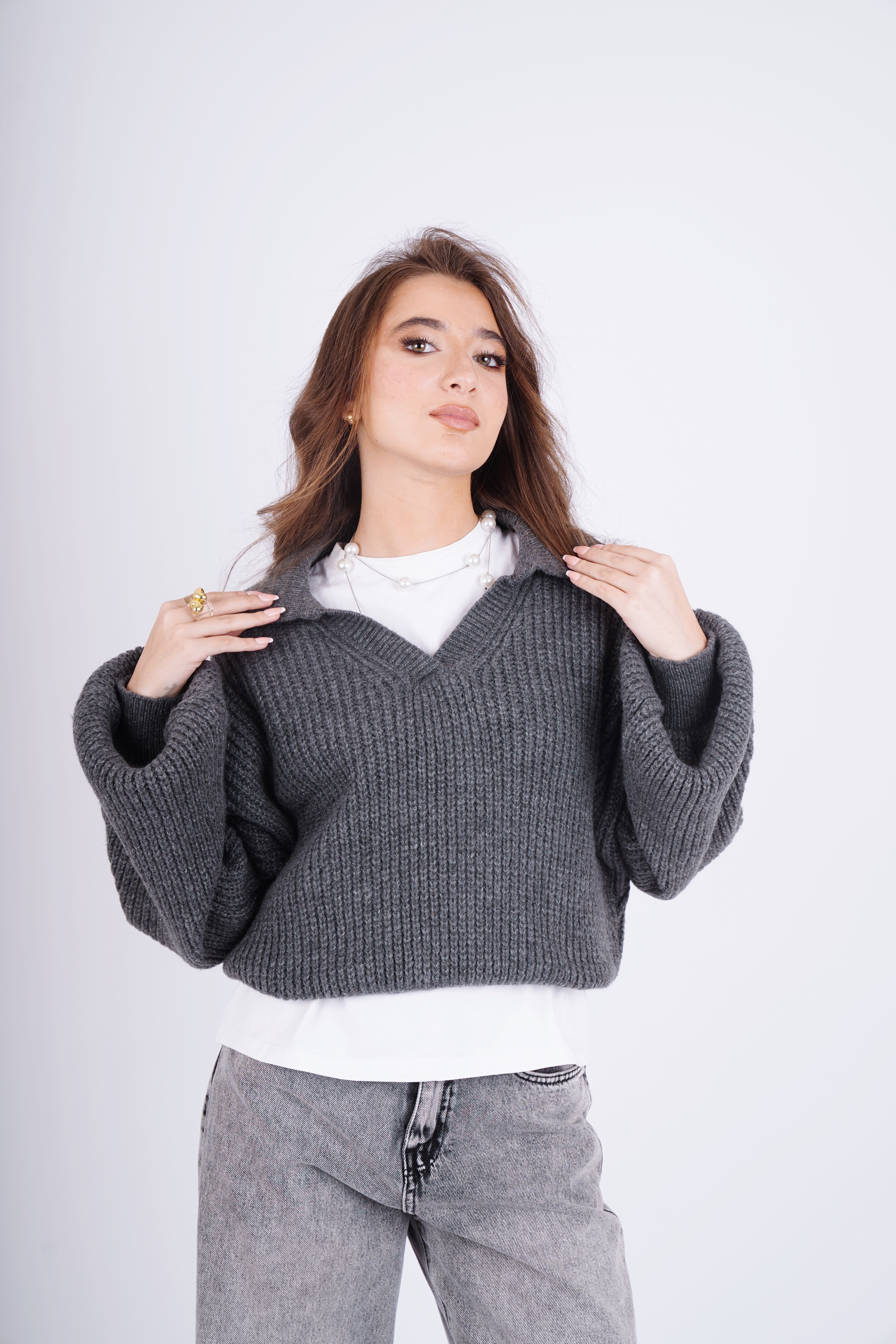 Fluffy collar knit - gray