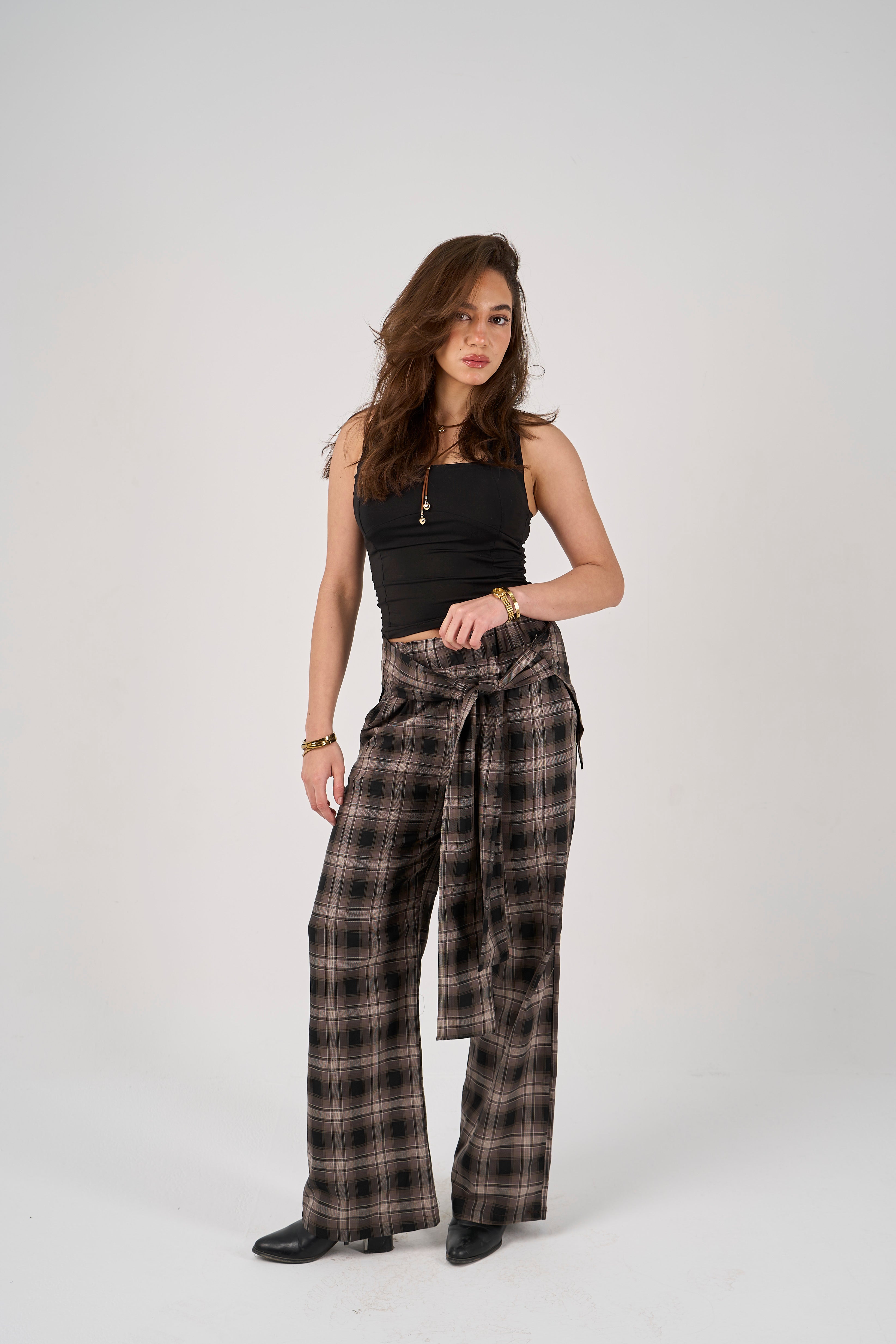 Plaid tie-waist pants - brown