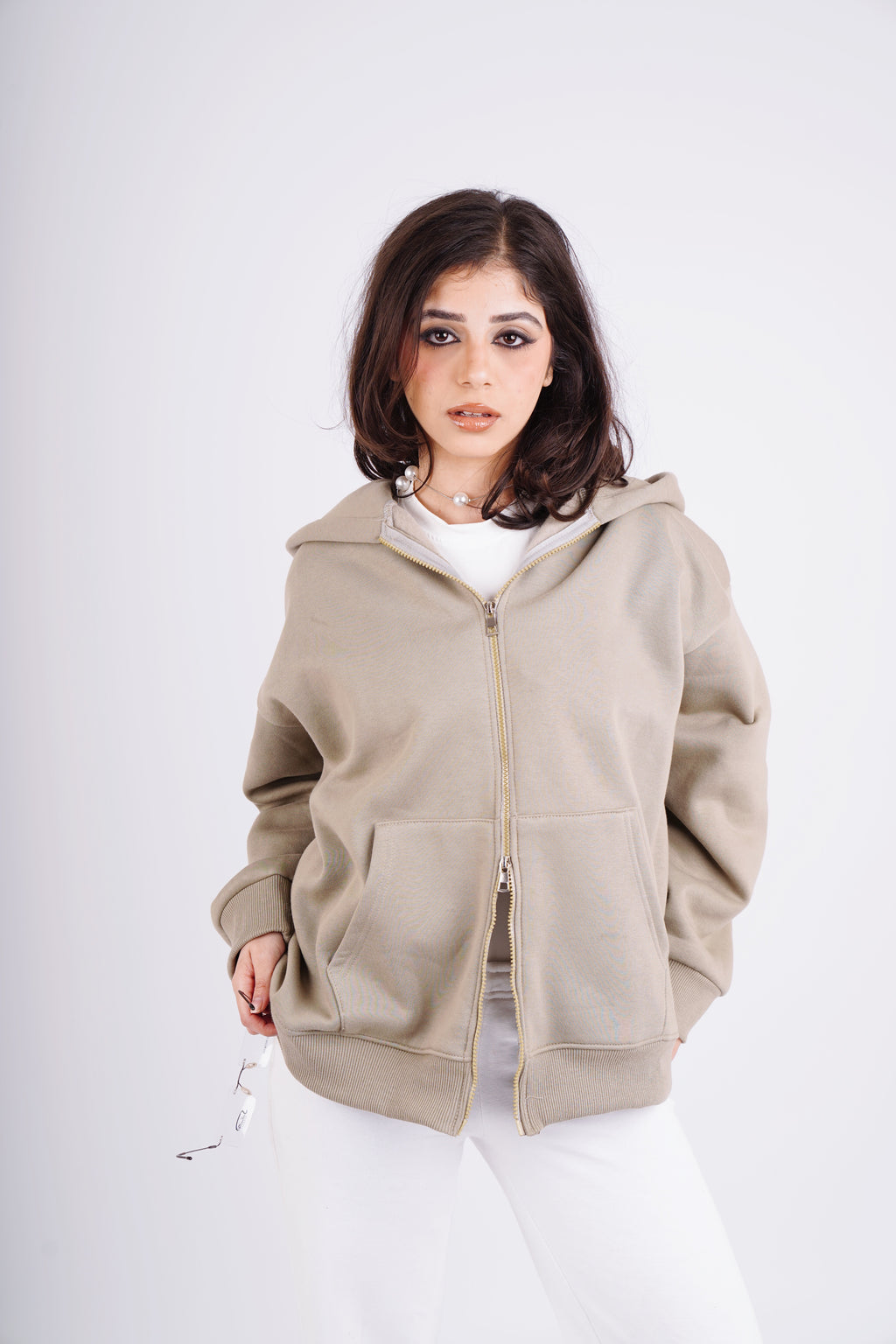 Embroidered sweatshirt full zip - olive mist