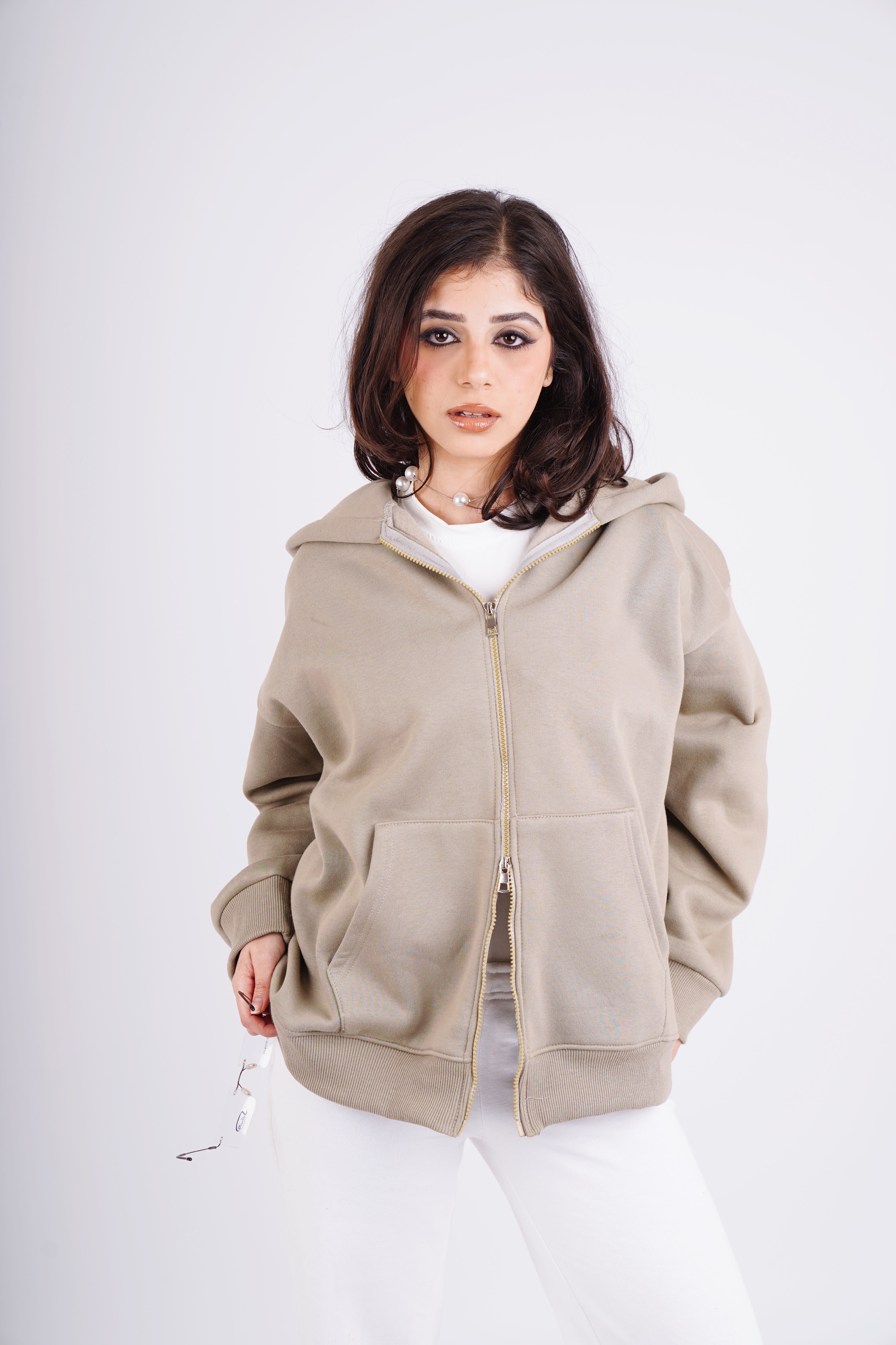 Embroidered sweatshirt full zip - olive mist