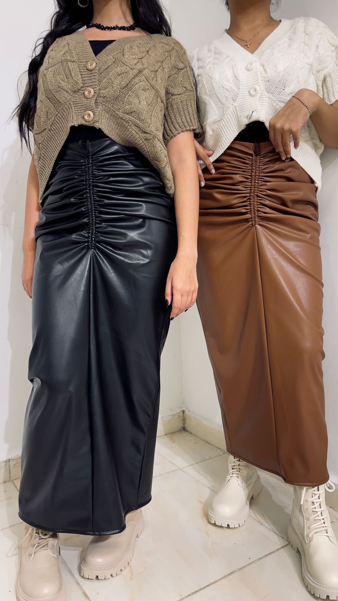 Ruched leather skirt