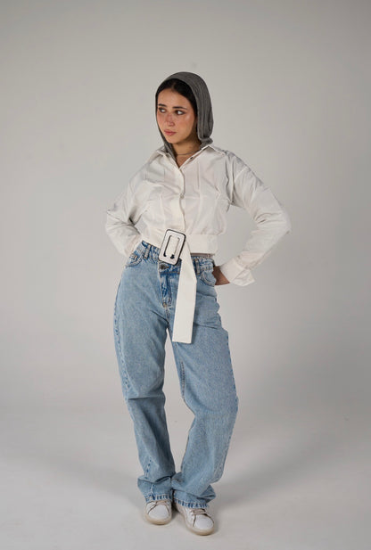 Shirt with belt - white