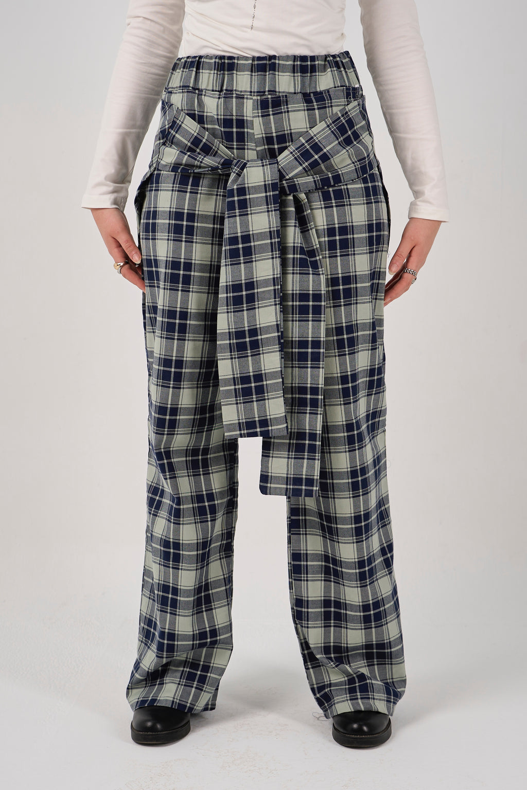 Plaid tie-waist pants - mint green