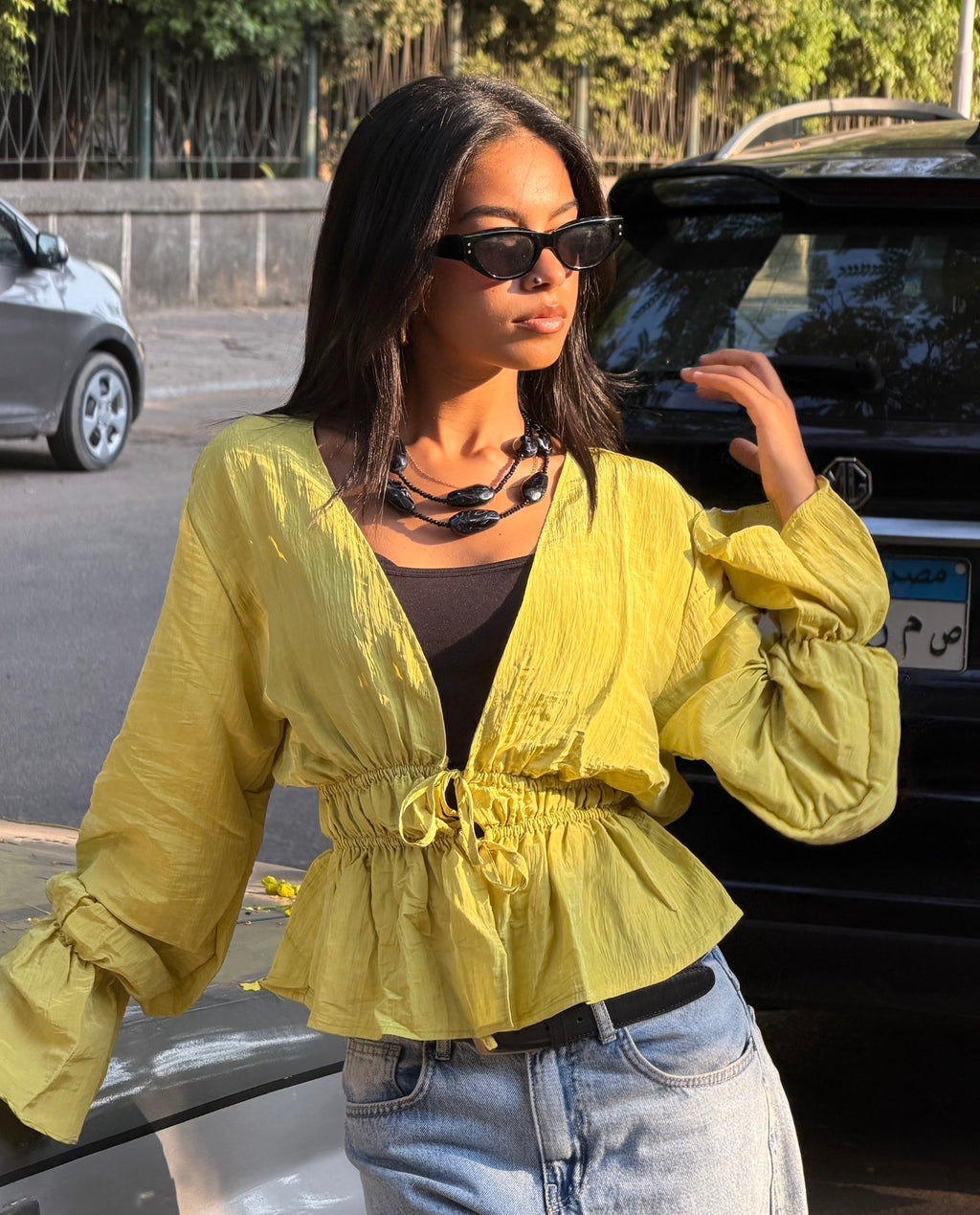 Fluffy ties blouse - avocado