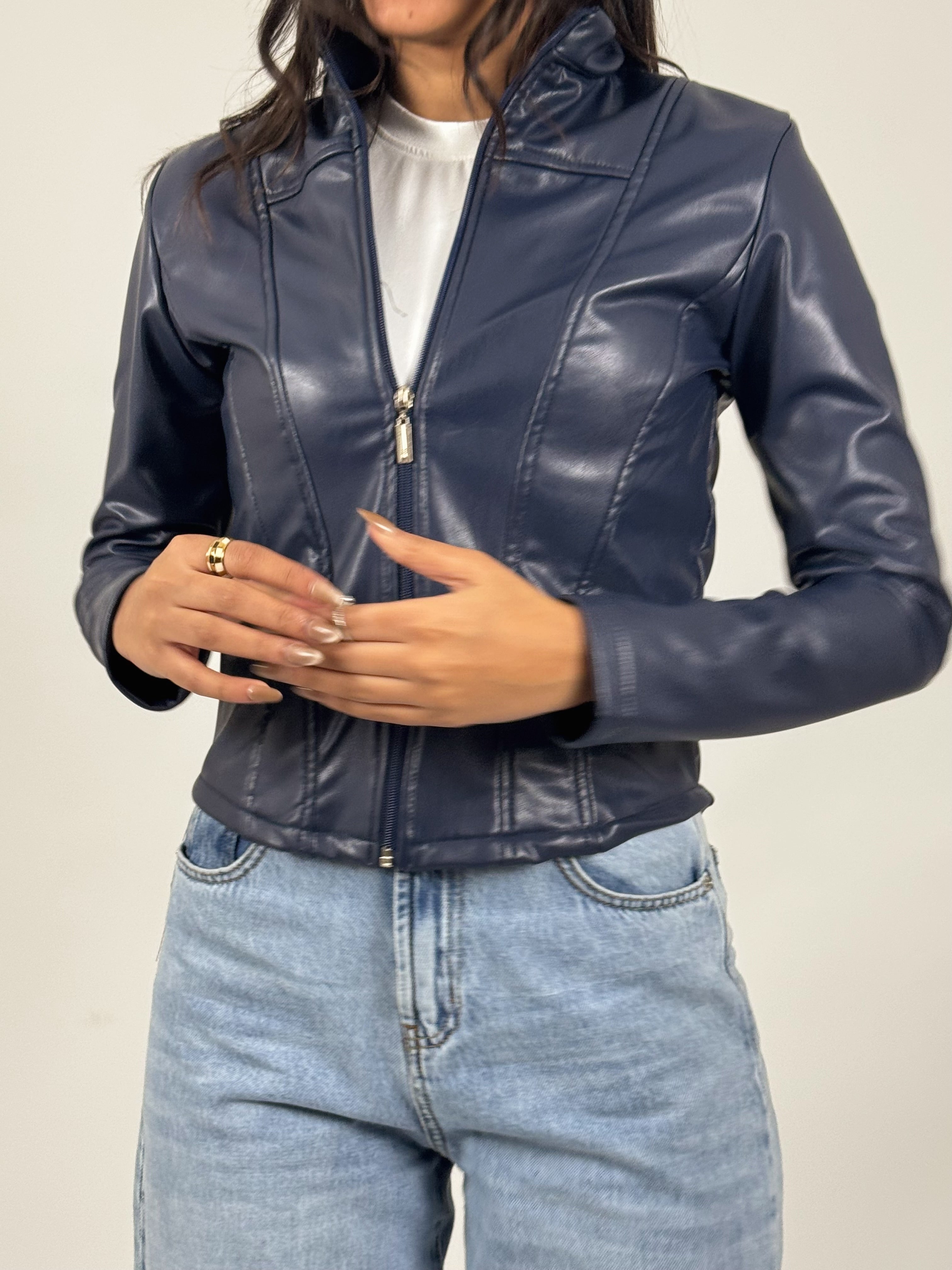 Corset leather jacket - navy blue