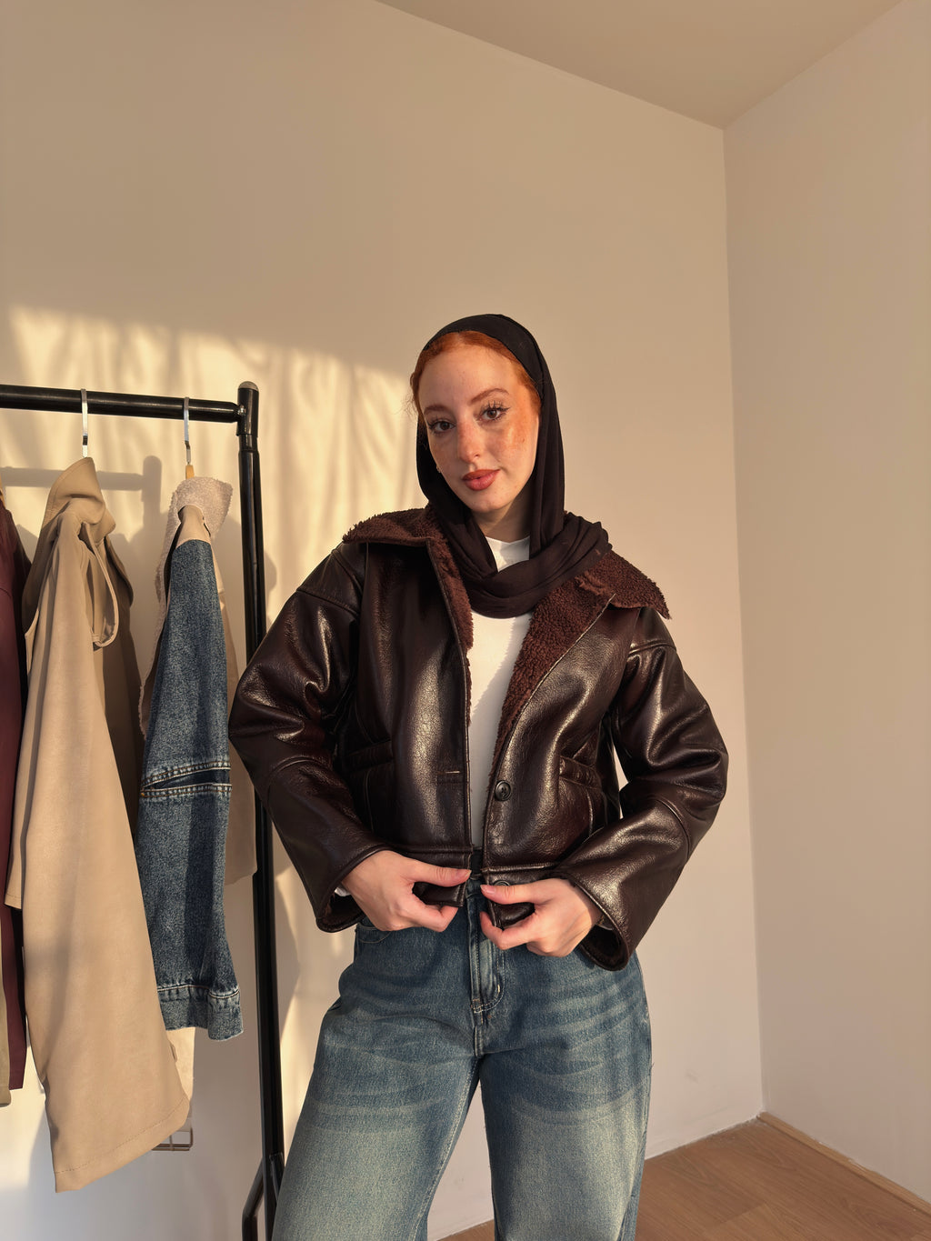 Cropped leather X teddy jacket