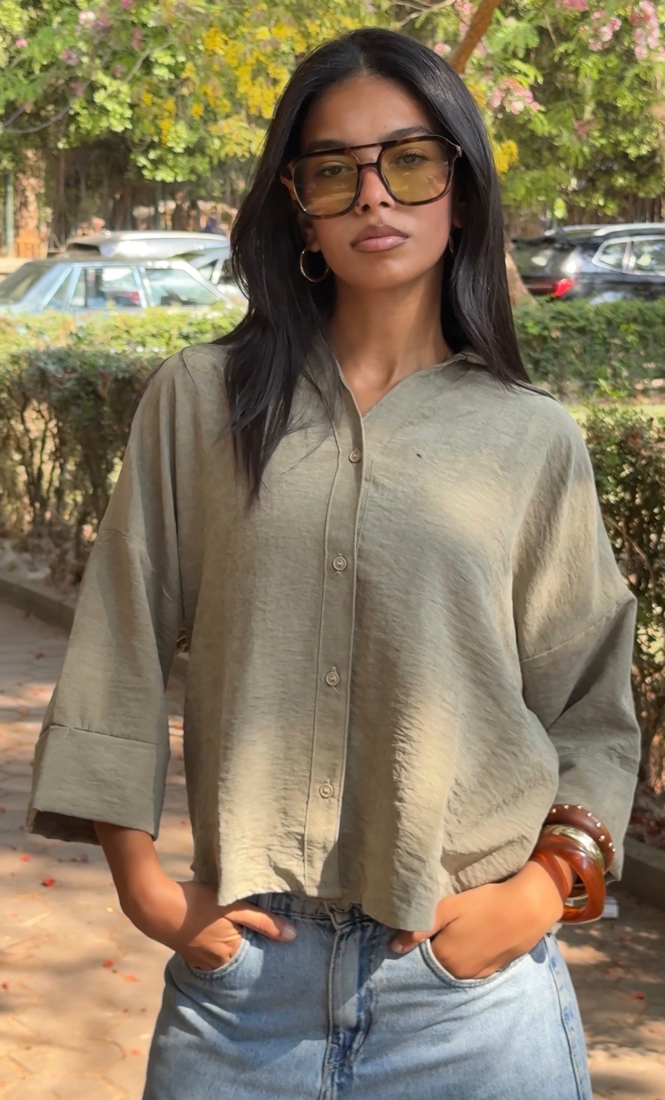 Flowing shirt long sleeves - olive