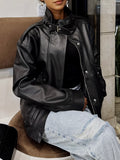 Long neck leather jacket - black