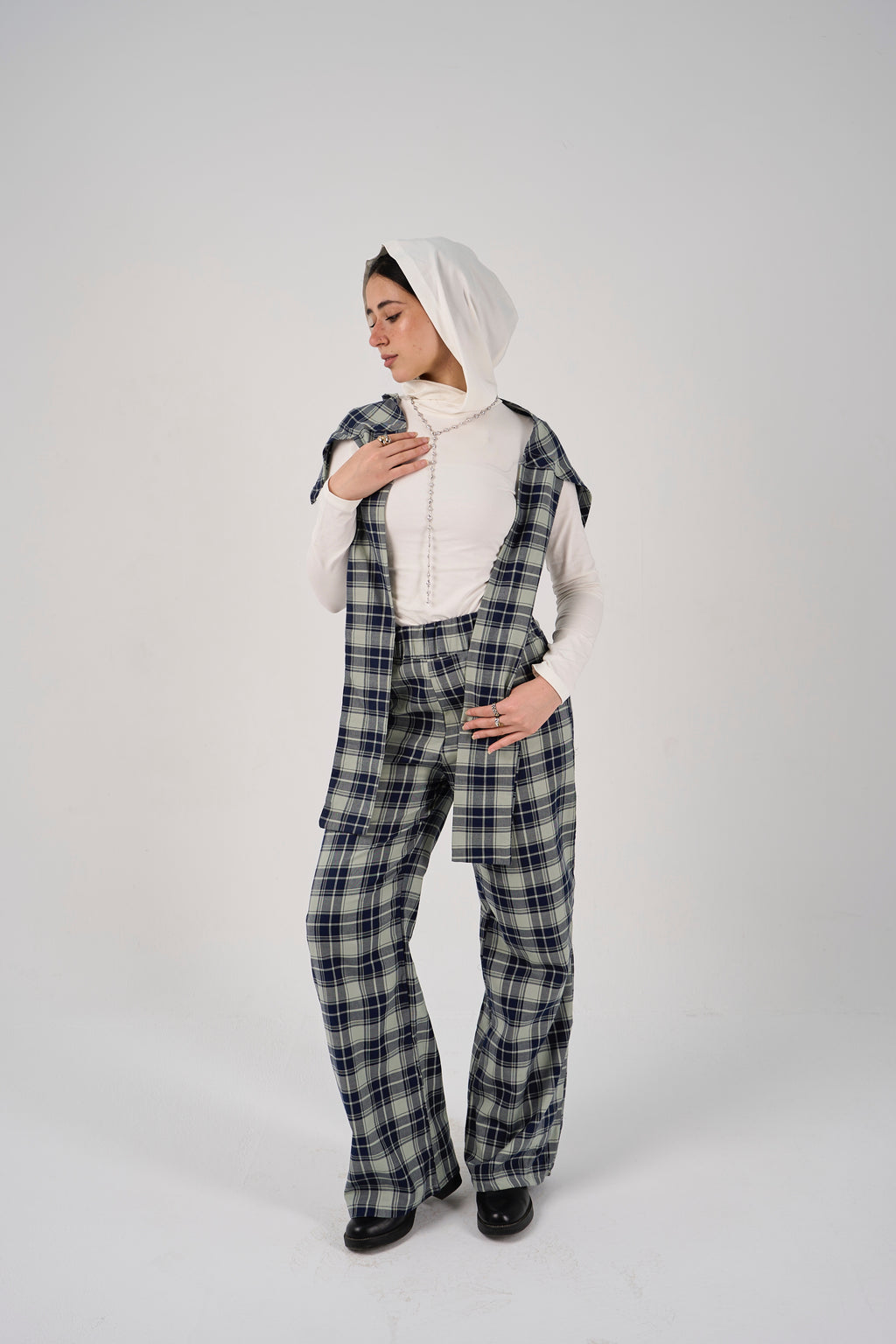 Plaid tie-waist pants - mint green