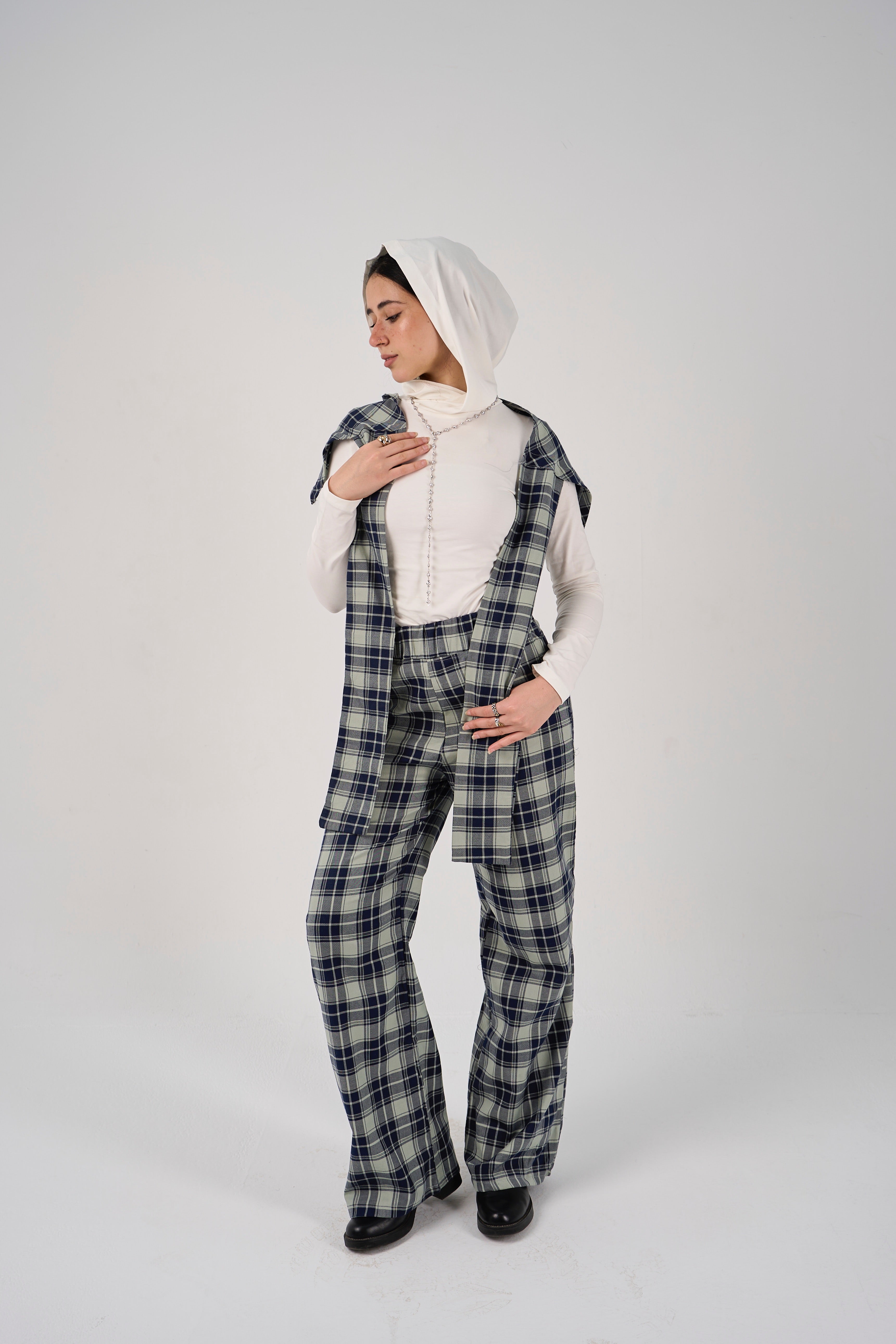 Plaid tie-waist pants - mint green