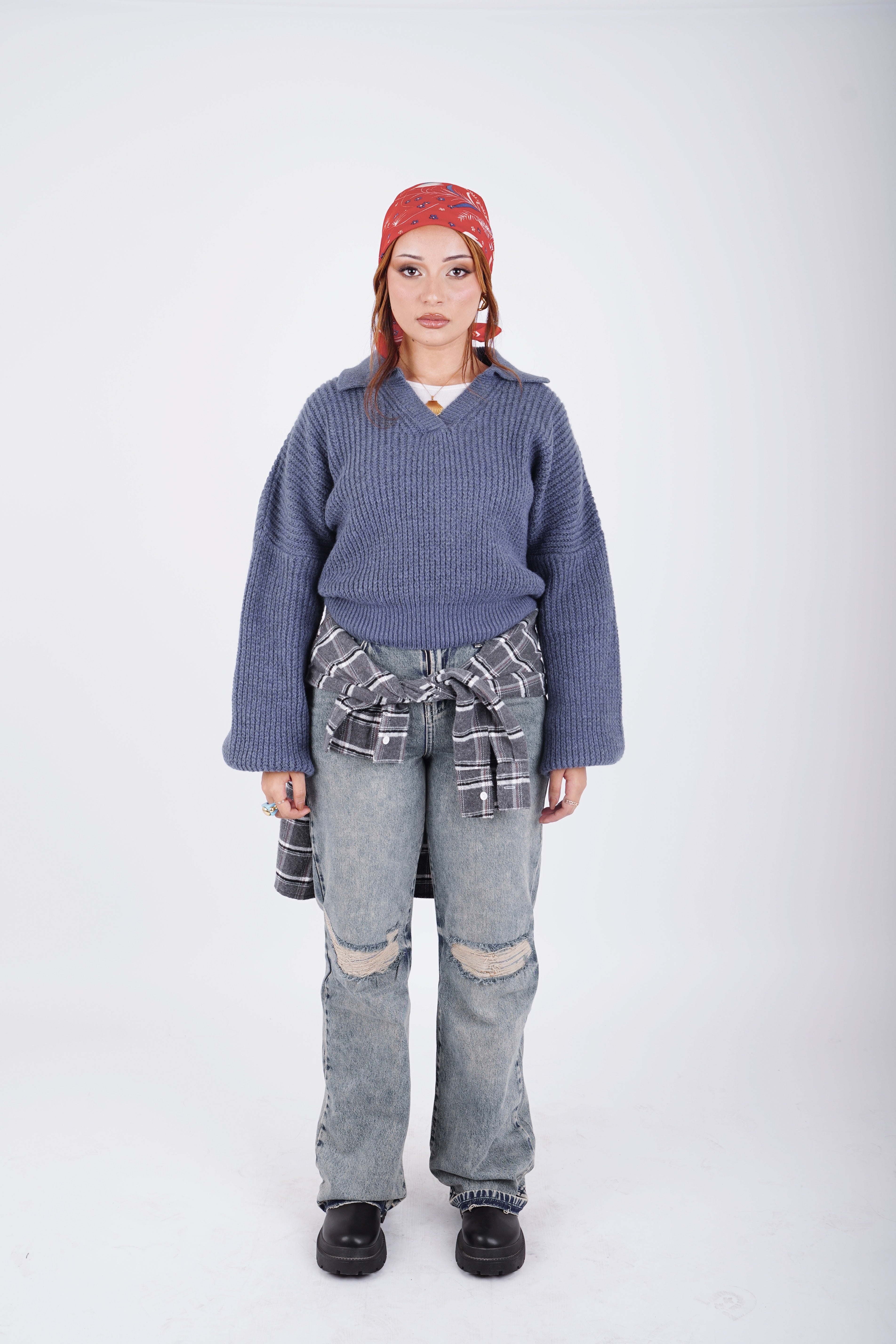 Fluffy collar knit - dusty blue