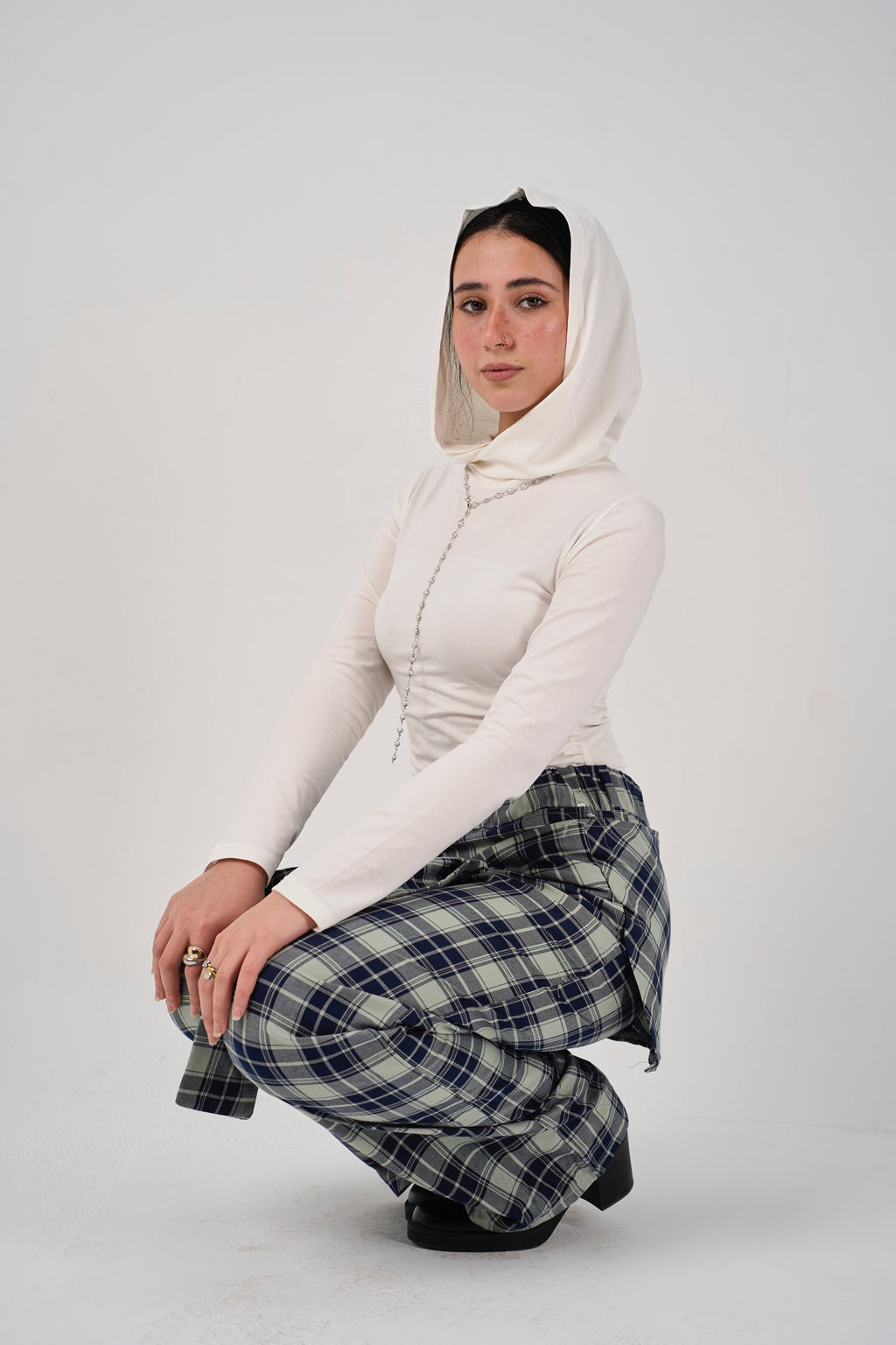 Plaid tie-waist pants - mint green