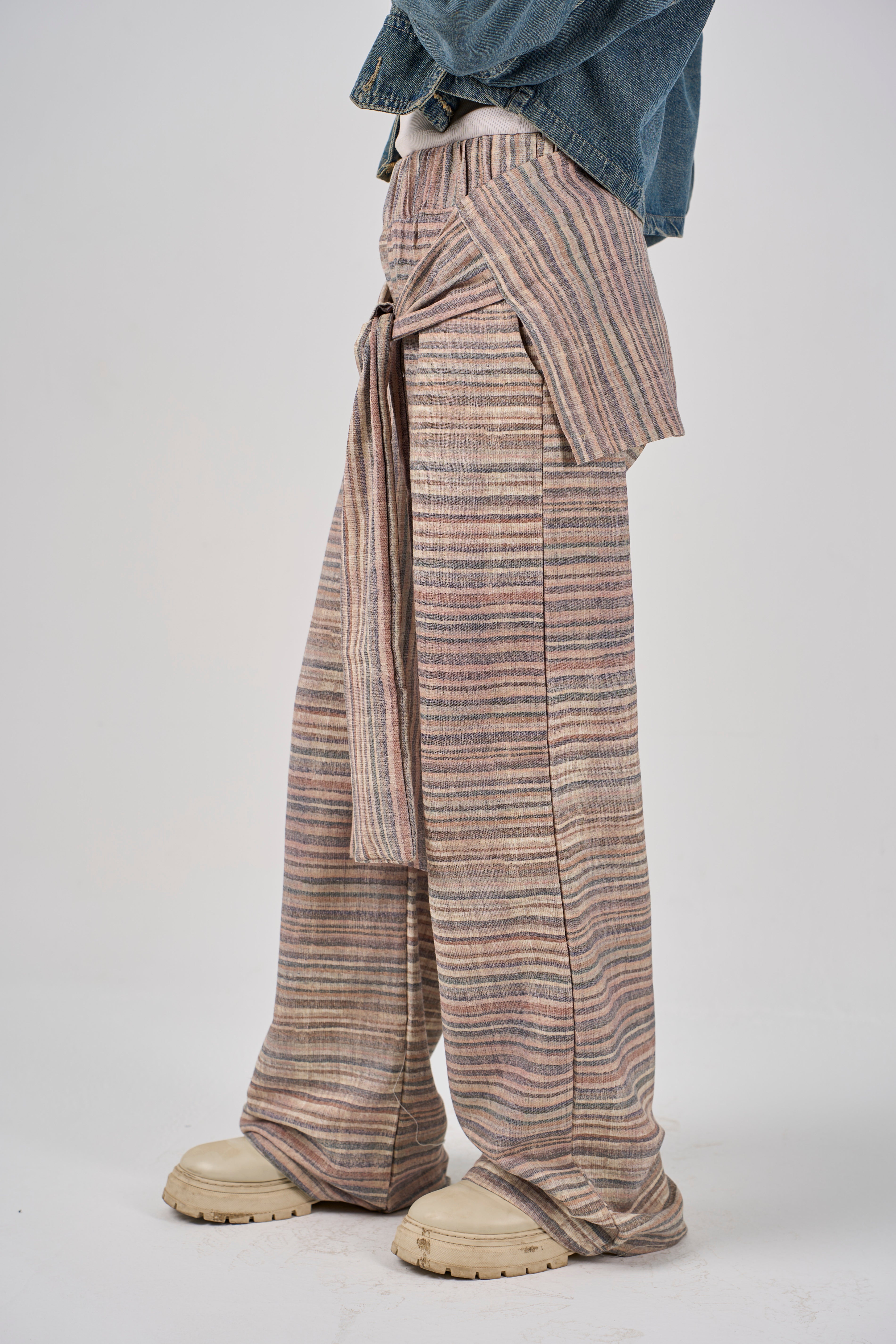 Plaid tie-waist pants - beige