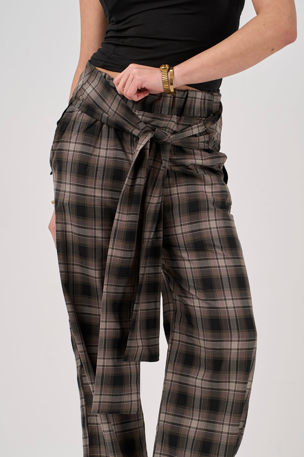 Plaid tie-waist pants - brown