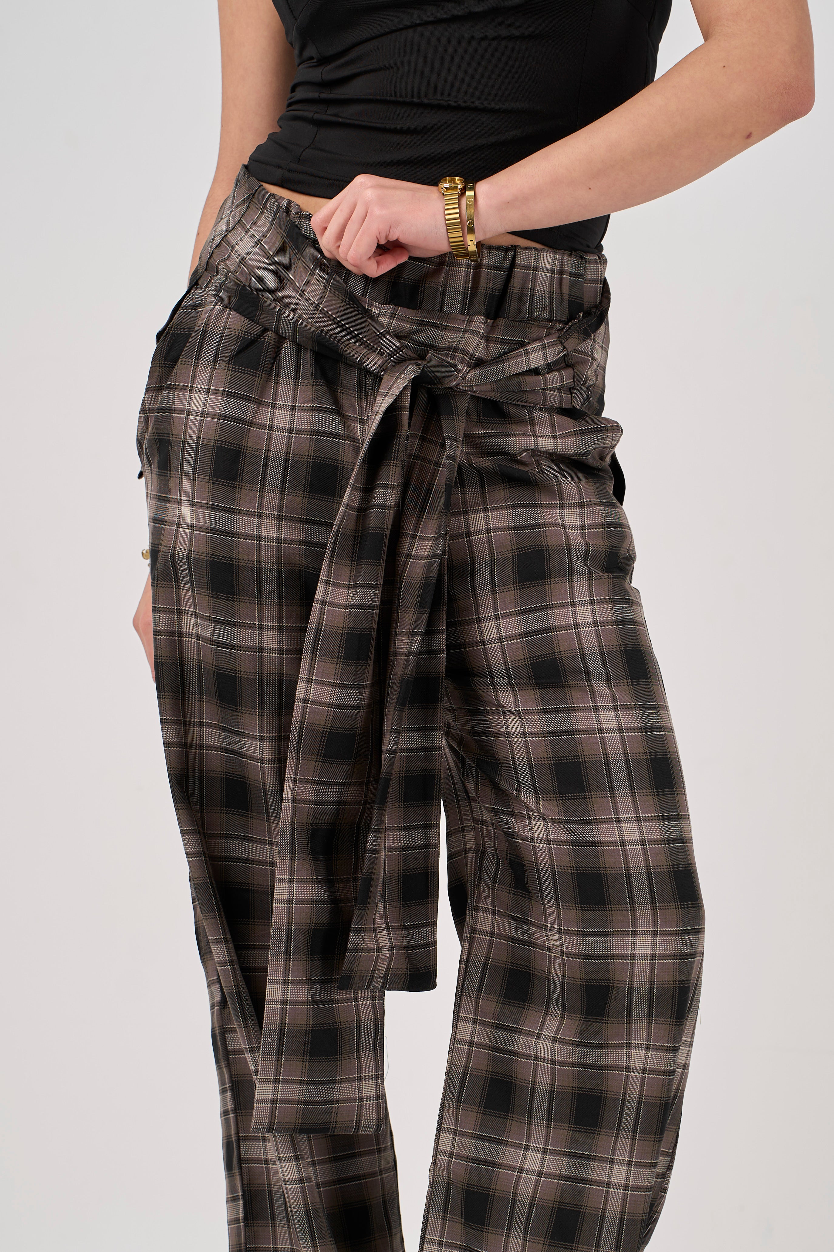 Plaid tie-waist pants - brown