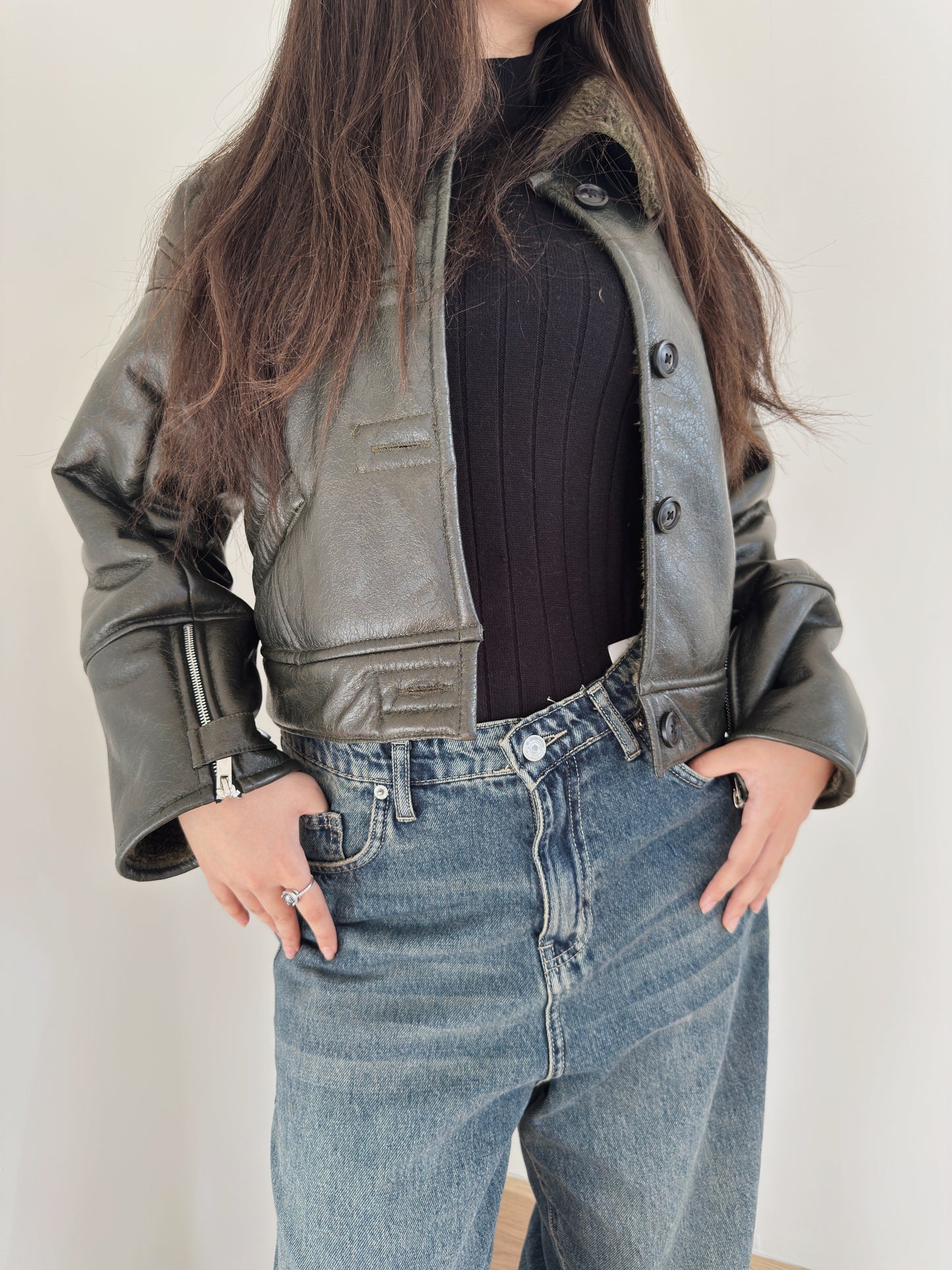 Cropped leather X teddy jacket