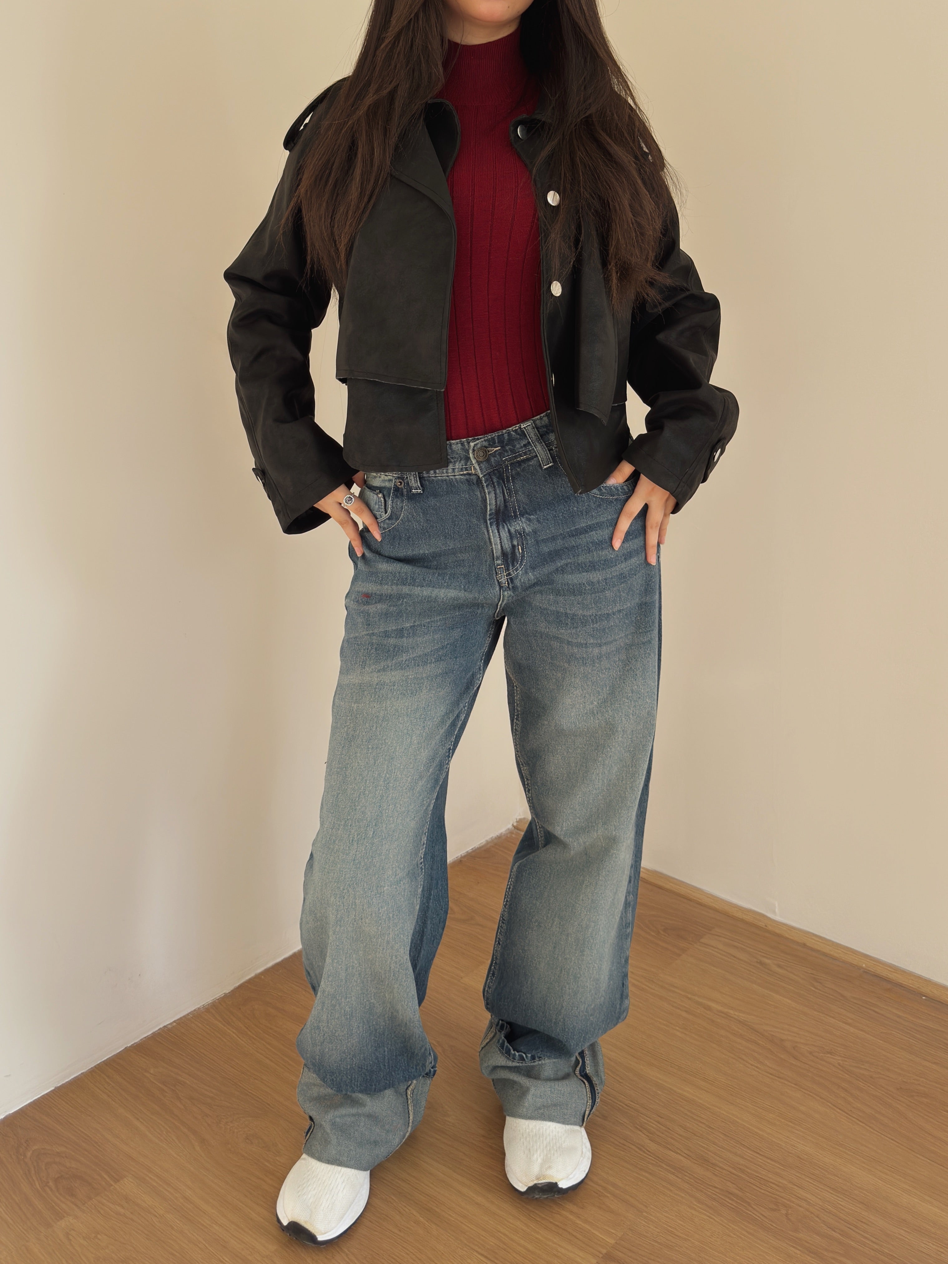 Cut-off ballon leather jacket