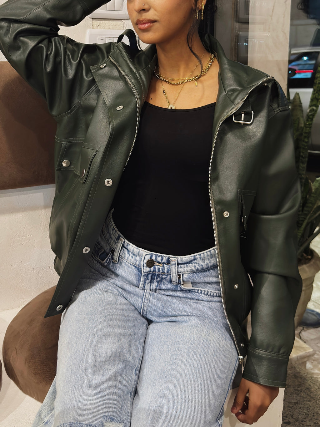 Long neck leather jacket - olive