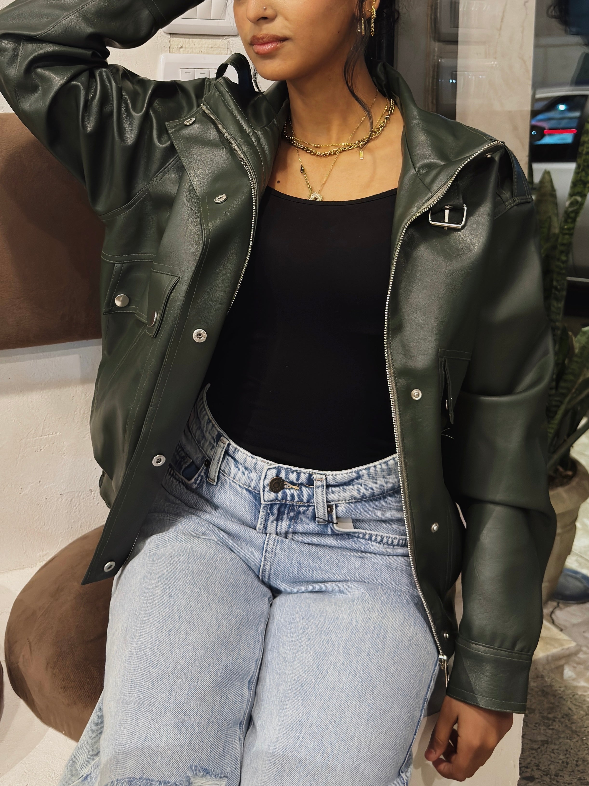 Long neck leather jacket - olive