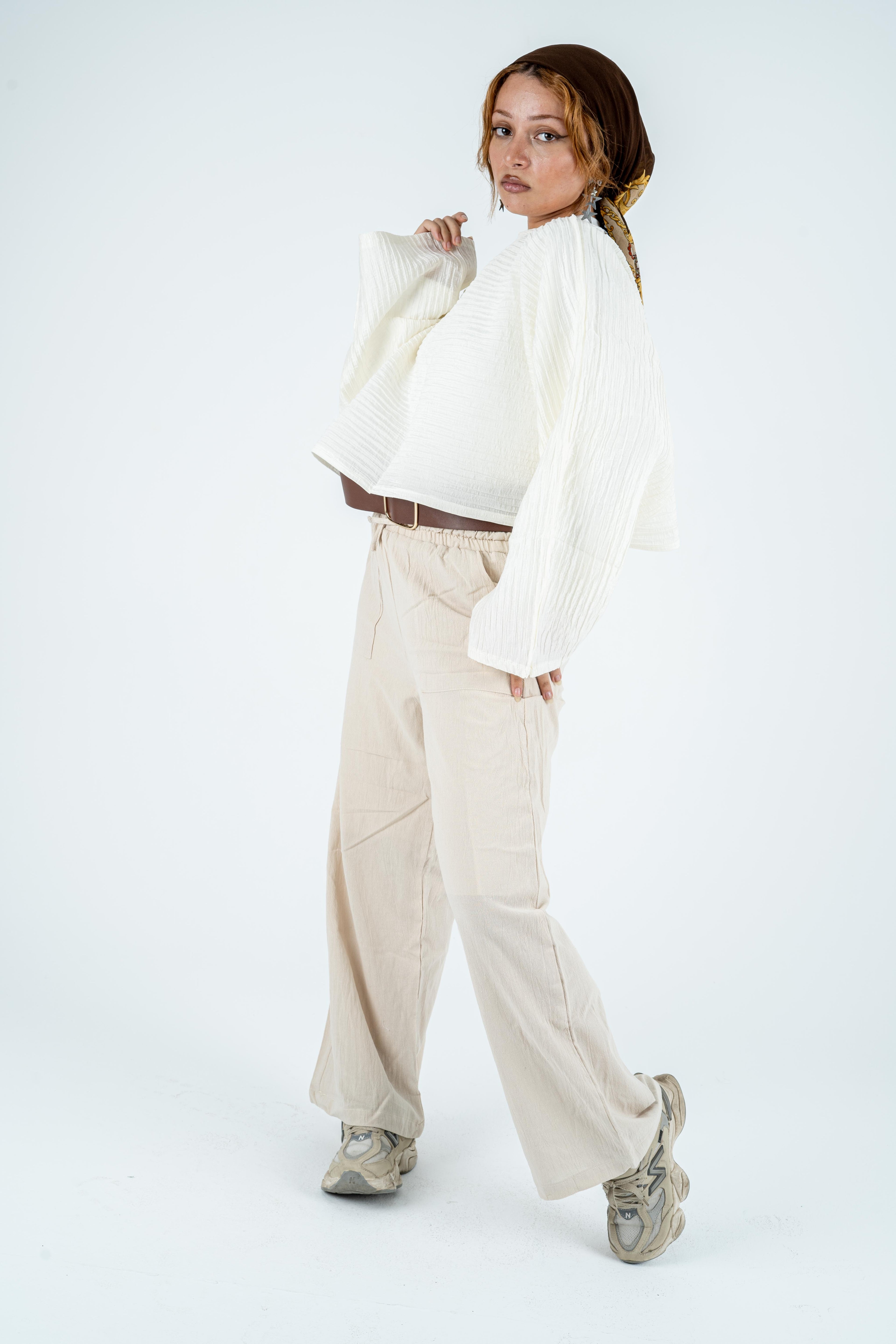 Beige linen wide leg pants