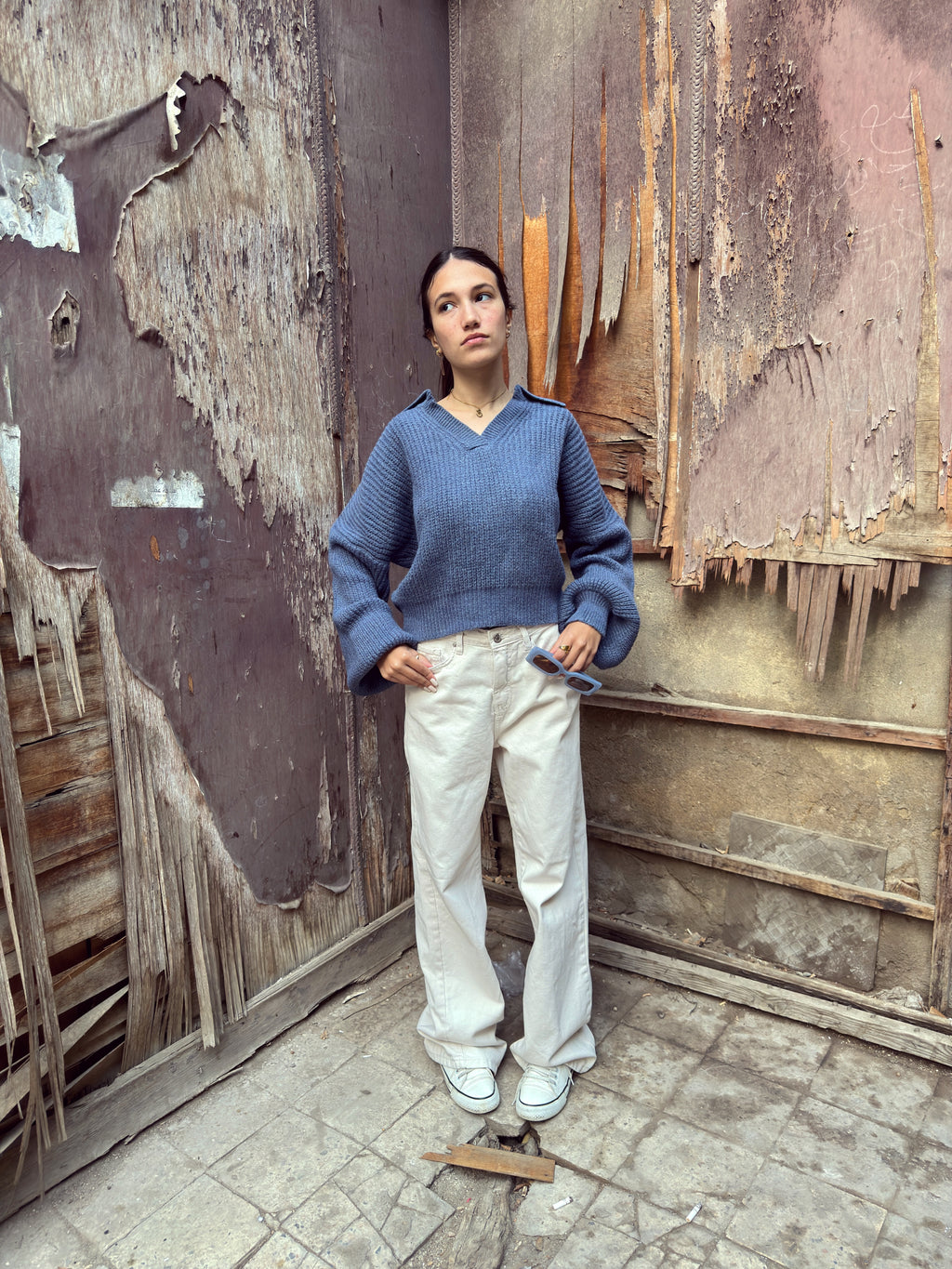 Fluffy collar knit - dusty blue