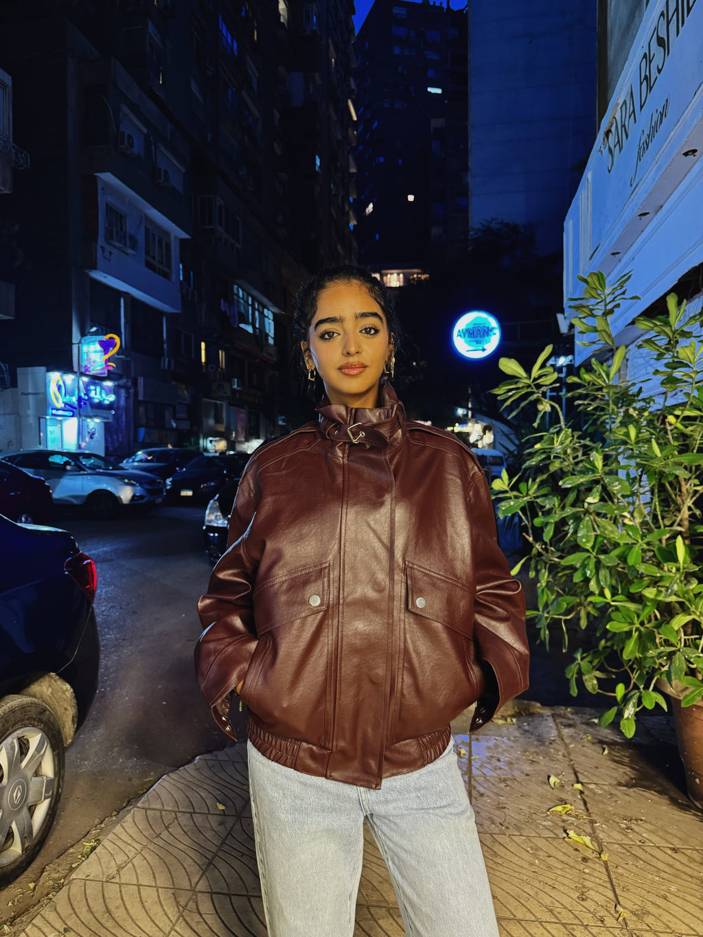 Long neck leather jacket - burgundy