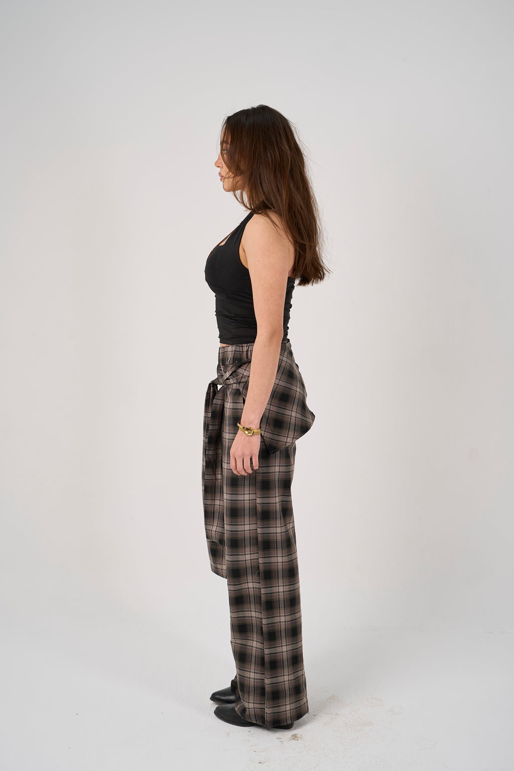 Plaid tie-waist pants - brown