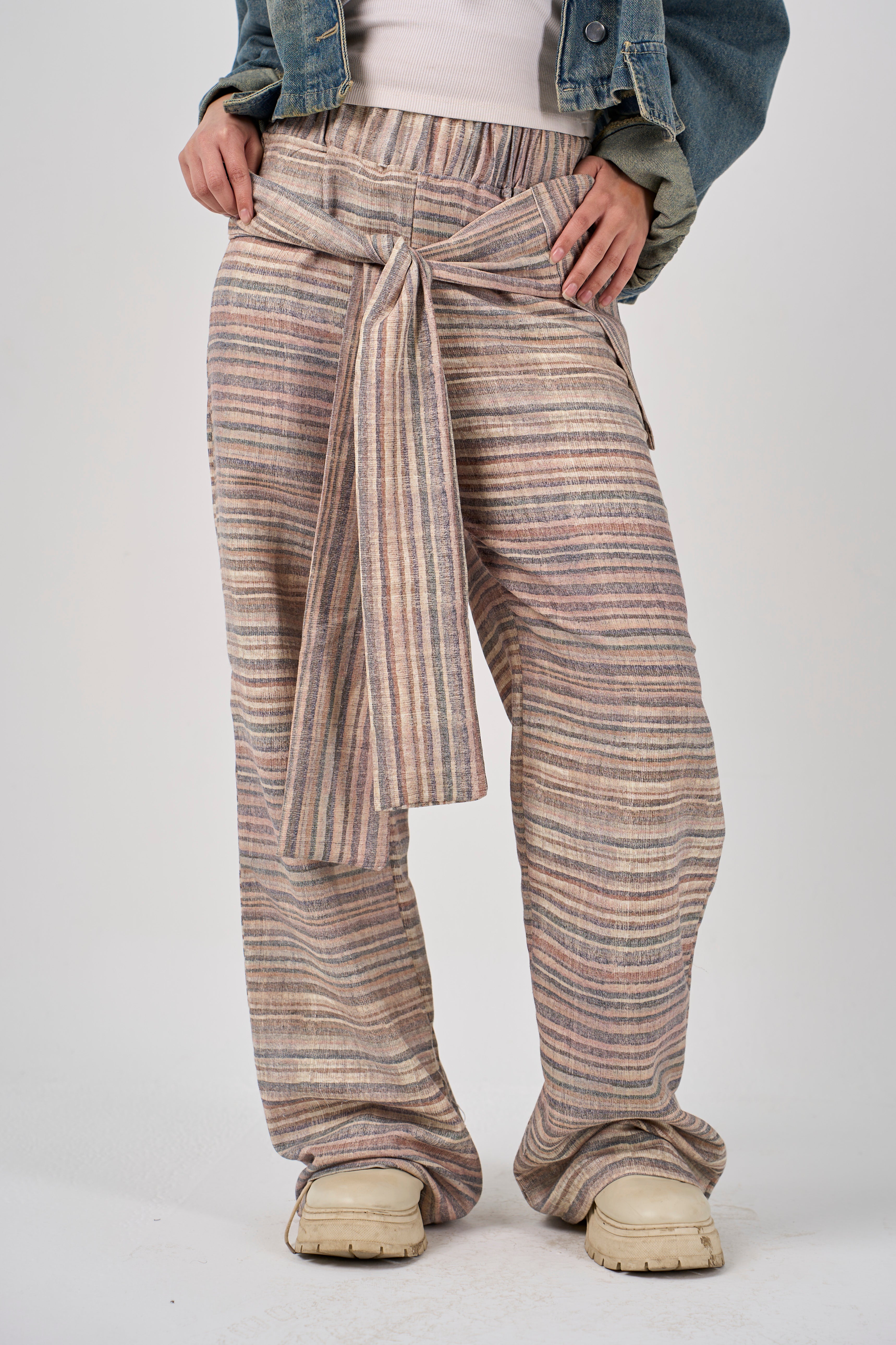 Plaid tie-waist pants - beige
